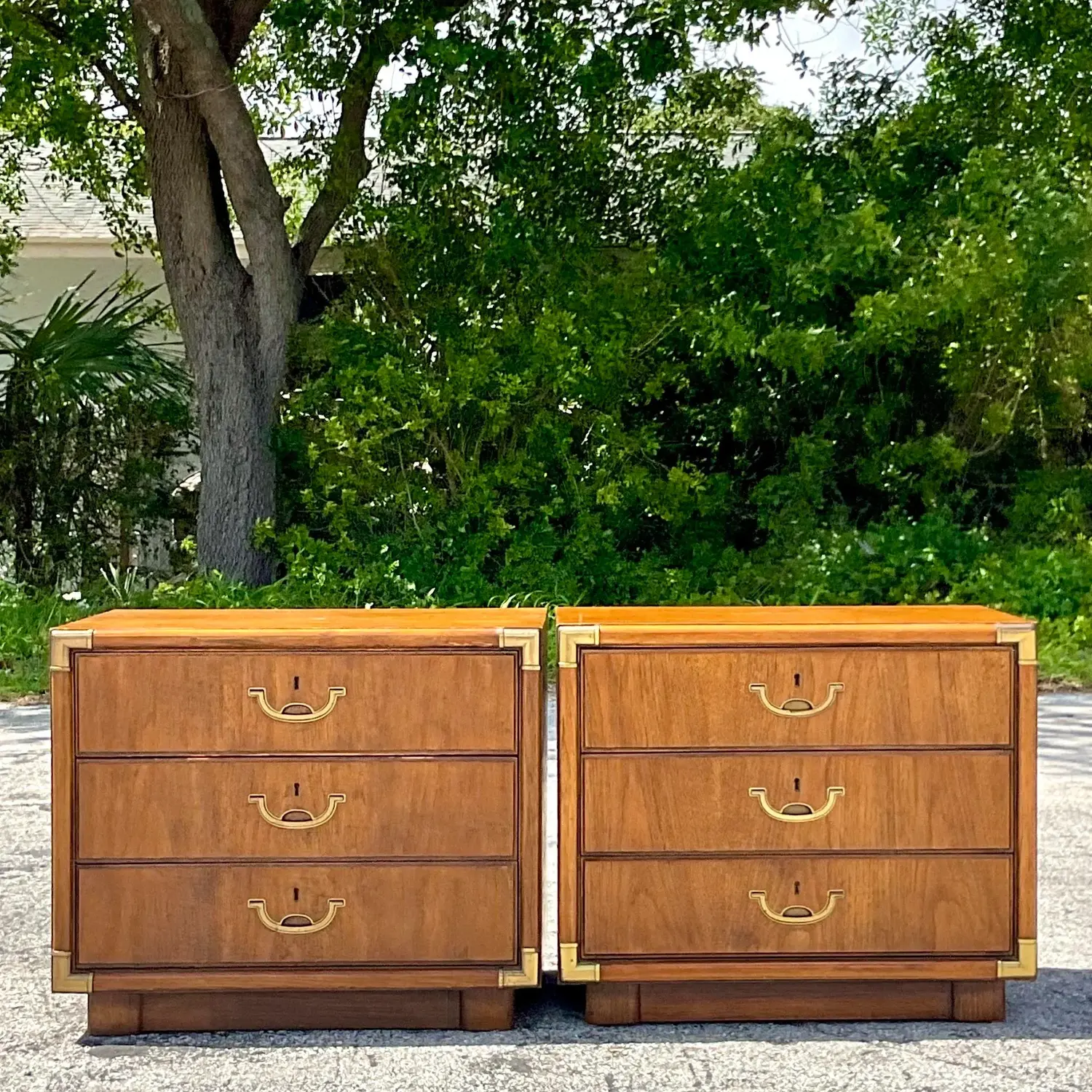 1980s Vintage Boho Drexel Campaign Nightstands - a Pair - Top view