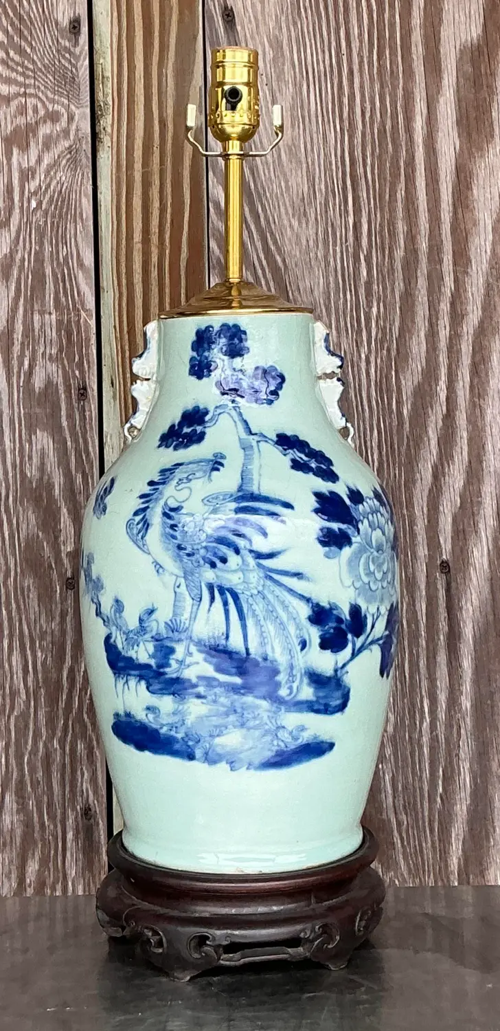 Antique 19th Century Asian Blue and White Rooster Lamp - Detail view