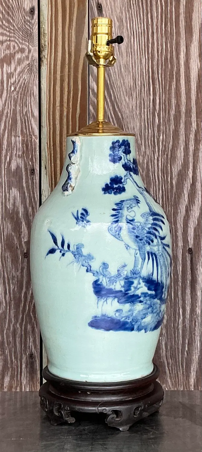 Antique 19th Century Asian Blue and White Rooster Lamp - Side view