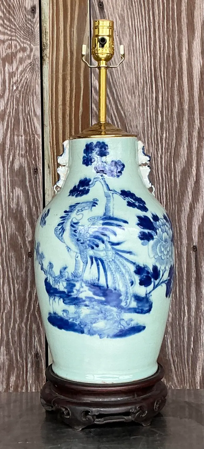 Antique 19th Century Asian Blue and White Rooster Lamp - Top view