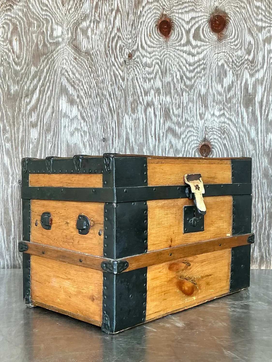 Antique Boho 19th Century Travel Trunk - Side view