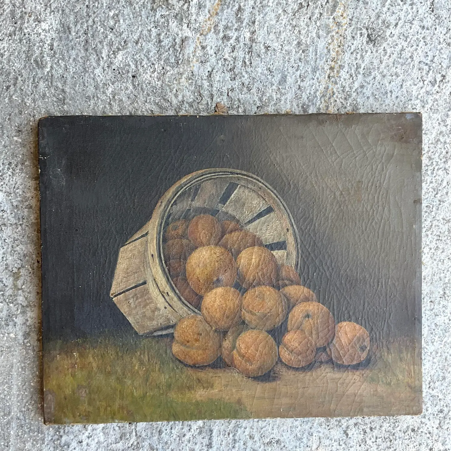 Antique Original Still Life Oil Painting on Canvas of Peaches - Side view