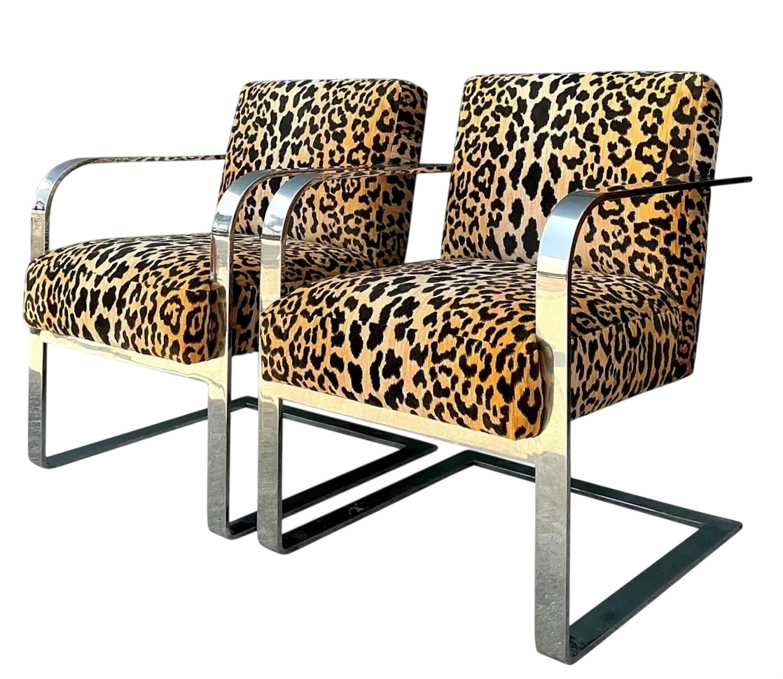 Vintage Chrome and Leopard Print Chairs - a Pair