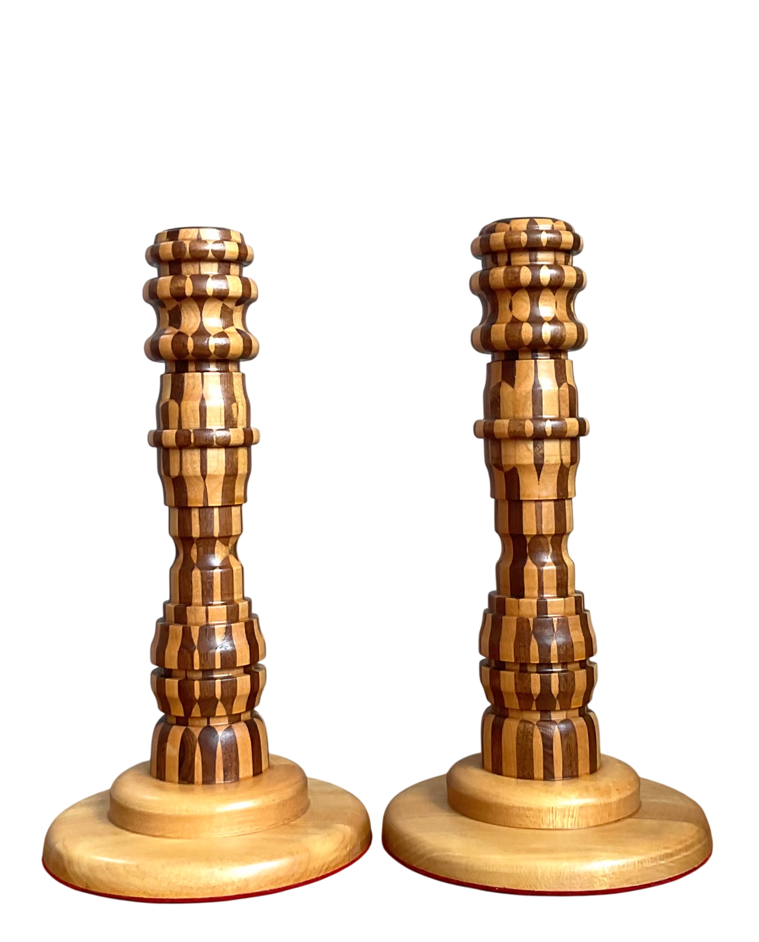 Vintage Inlaid Wood Candlesticks - a Pair
