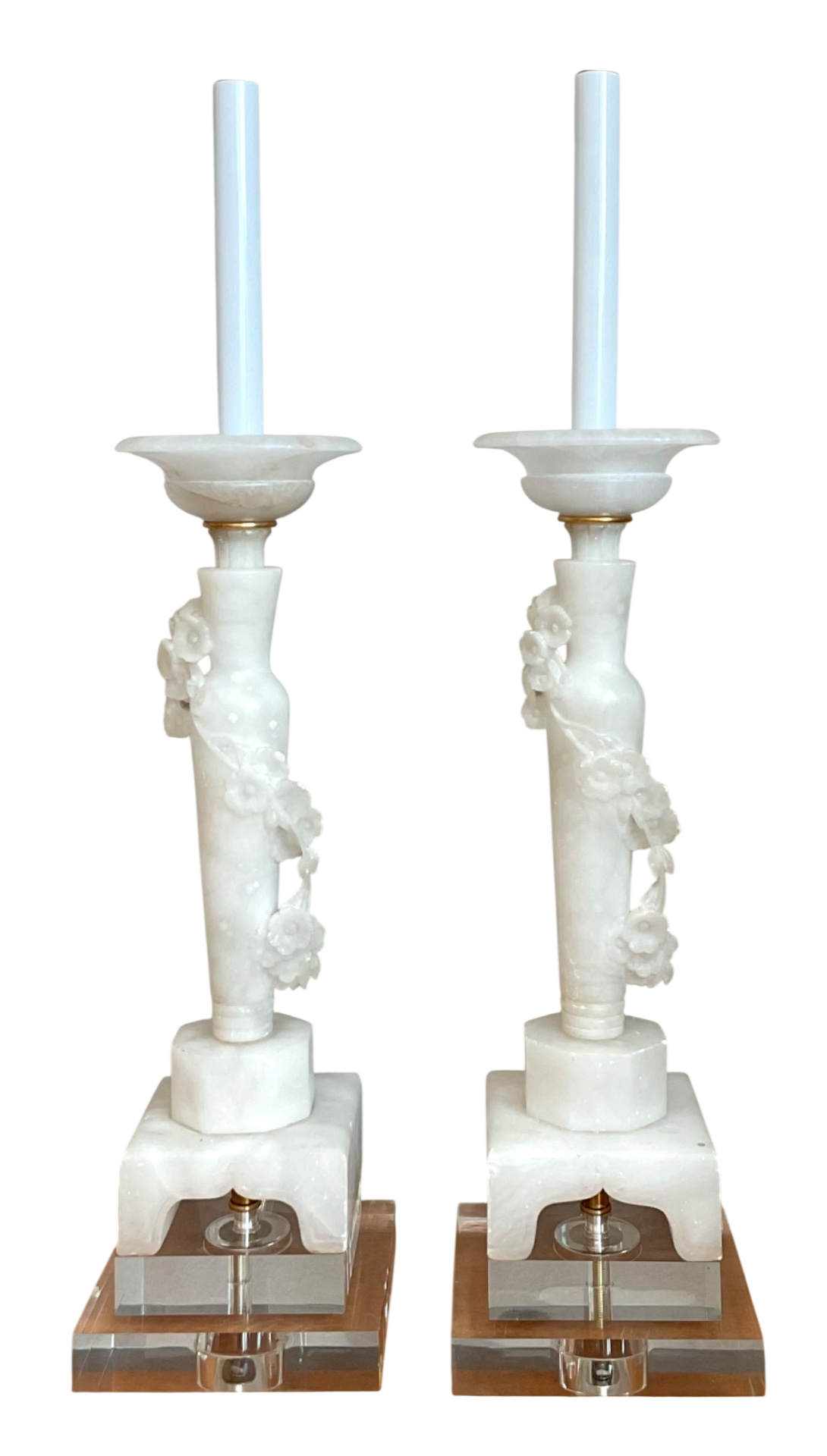 Vintage White Alabaster Candlestick Lamps - Set of 2