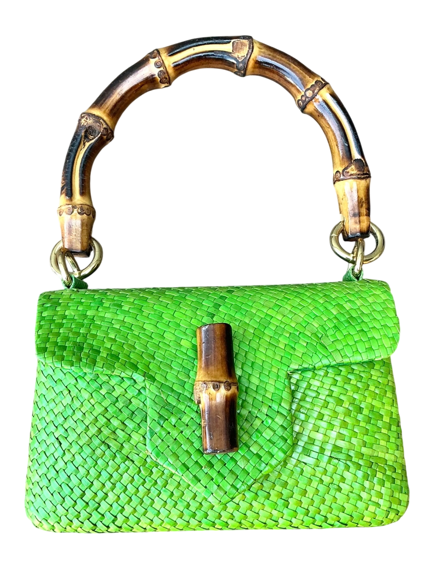 Vintage Bamboo Handle Woven Green Purse