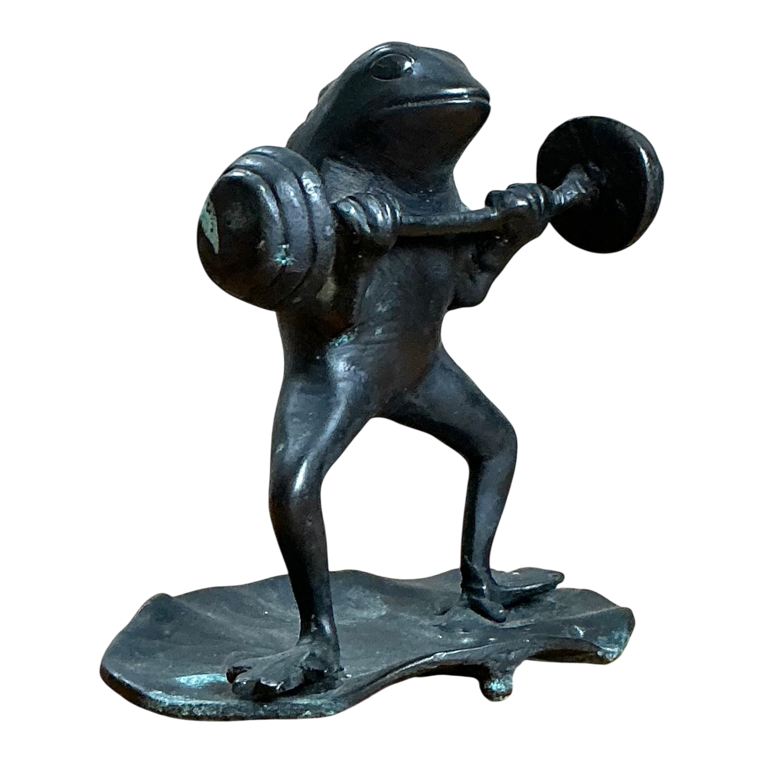 Vintage Frog Lifting Weights Bronze Figurine