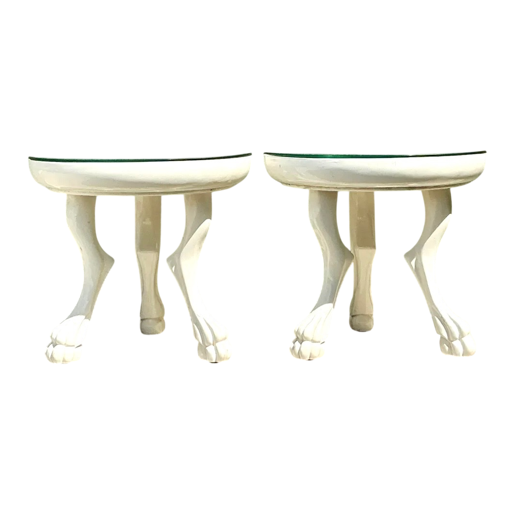 Vintage White Lacquer Paw Foot Tables After John Dickinson - A Pair
