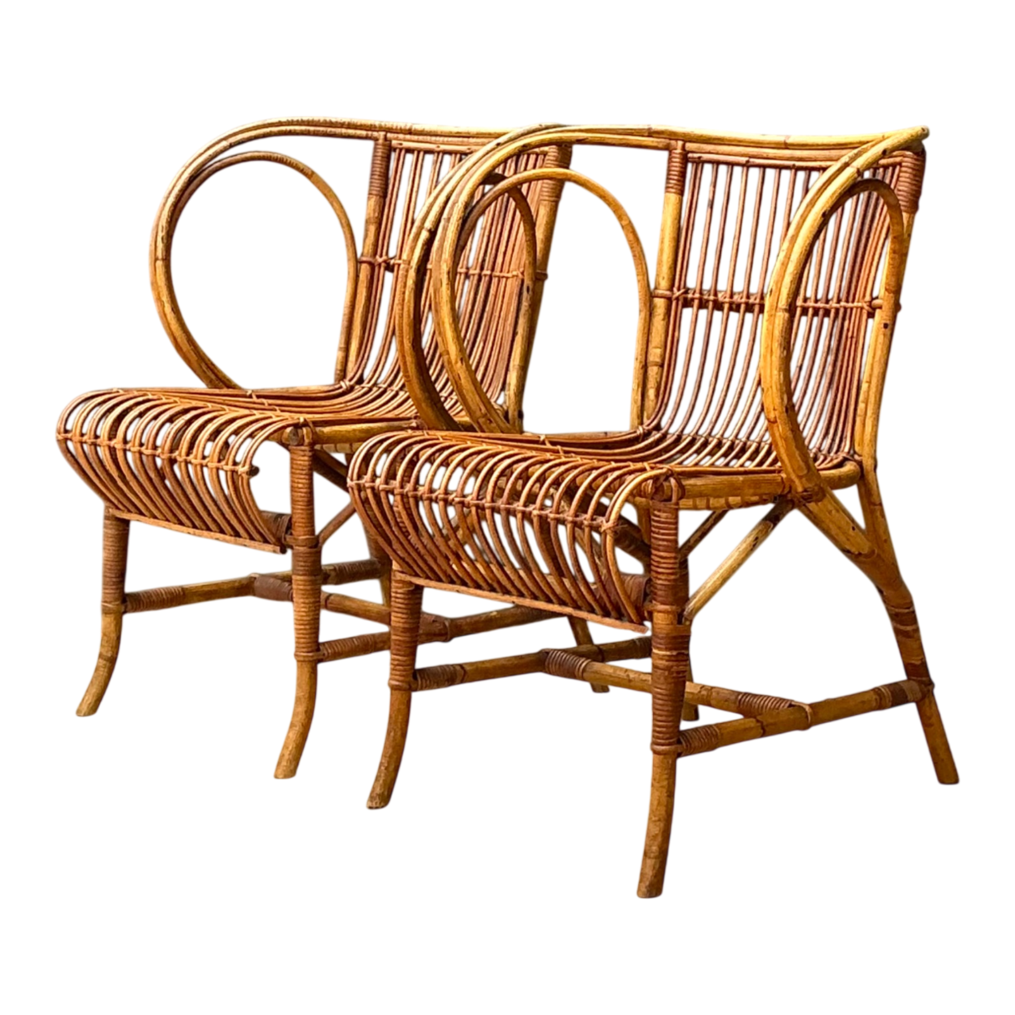 Vintage 1940s Danish Tove Kindt Larsen For Robert Wengler Stick Rattan Lounge Chairs - A Pair