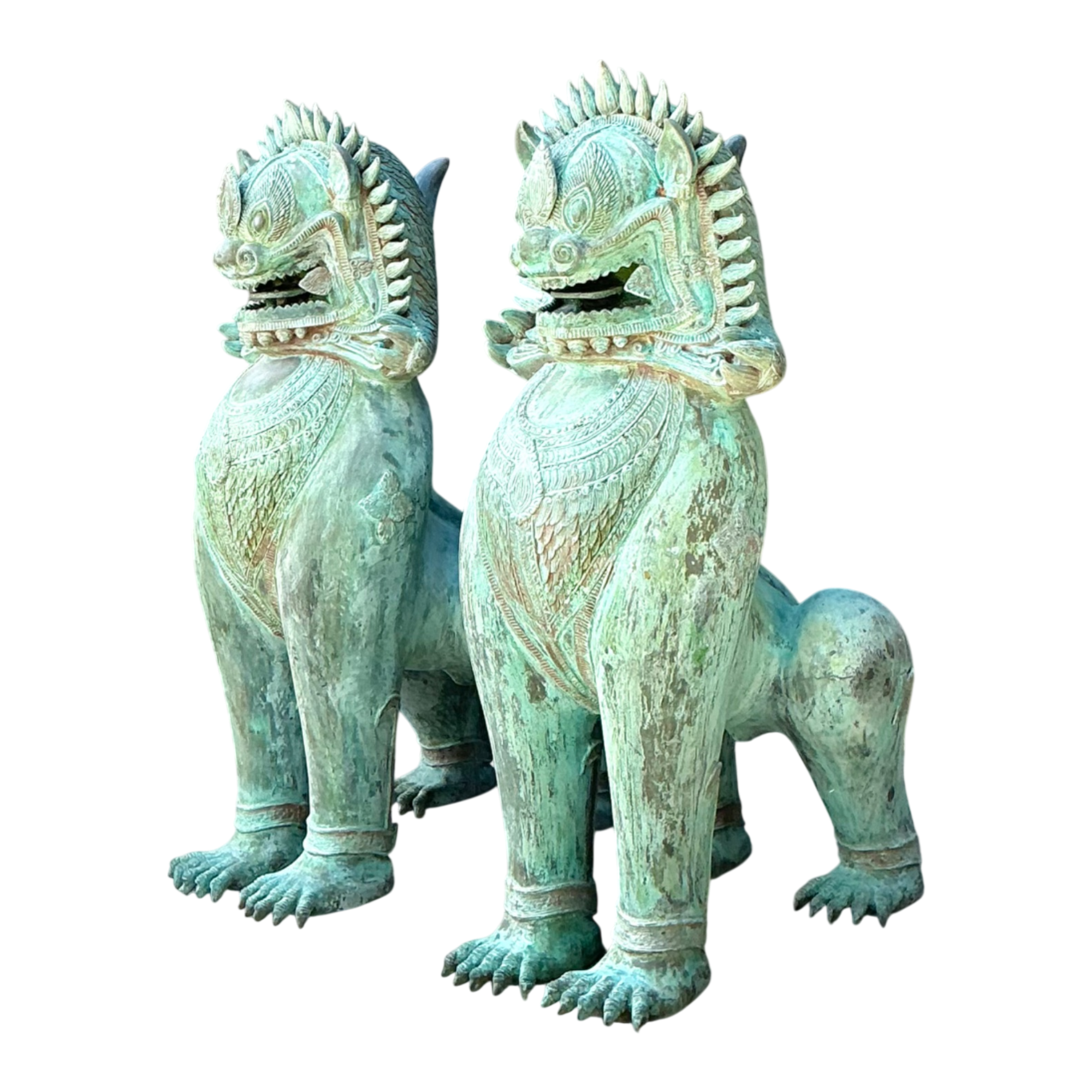 Vintage Verdigris Bronze Temple Lions - A Pair