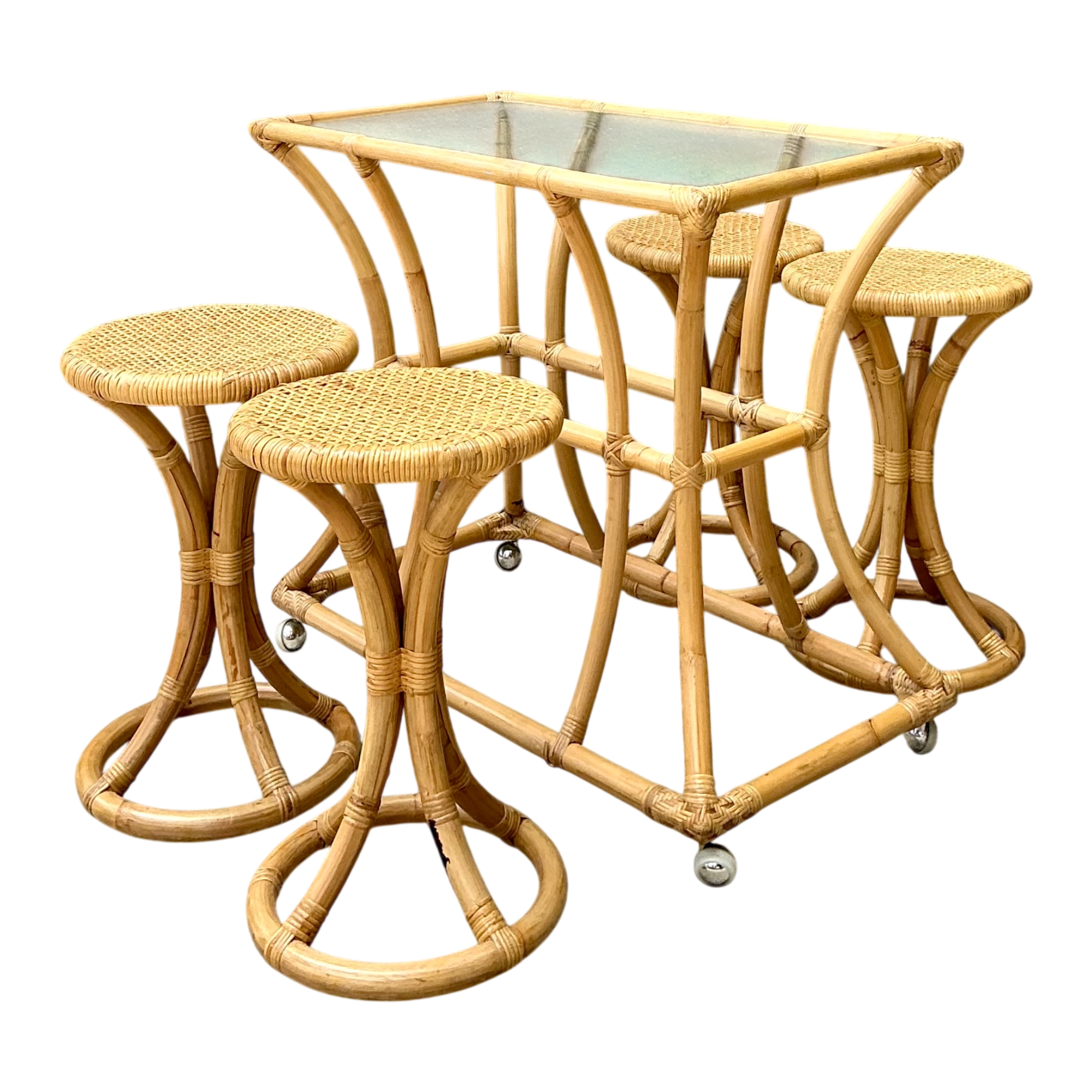 Vintage Rattan High Top Table With Coordinating Stools - Set Of 5