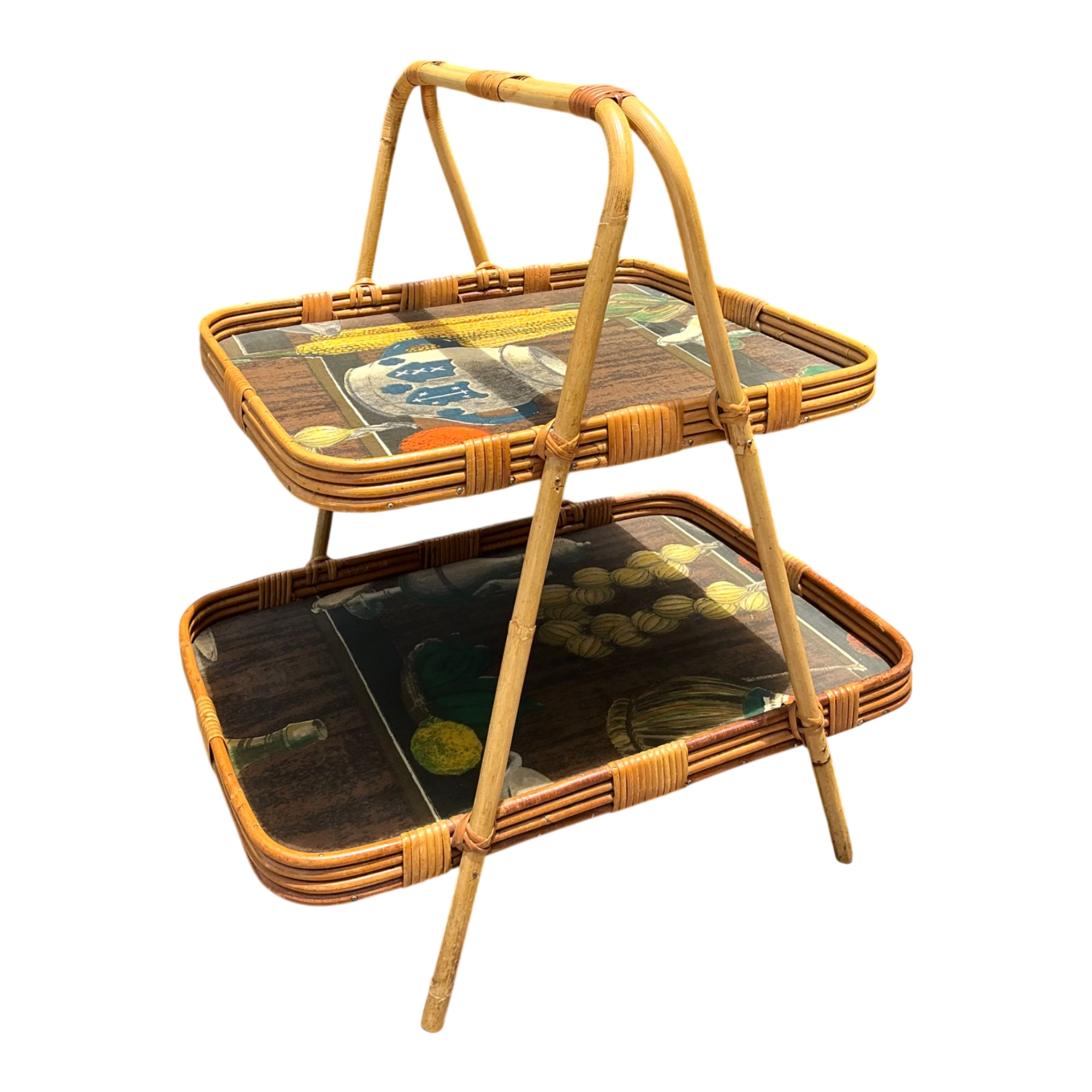 Vintage Rattan Two-Tiered Tray Stand