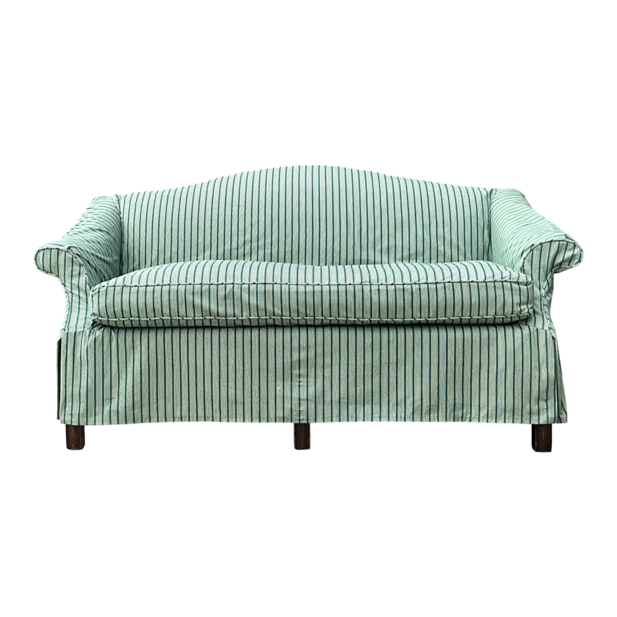 Vintage Striped Slip Covered Camelback Loveseat