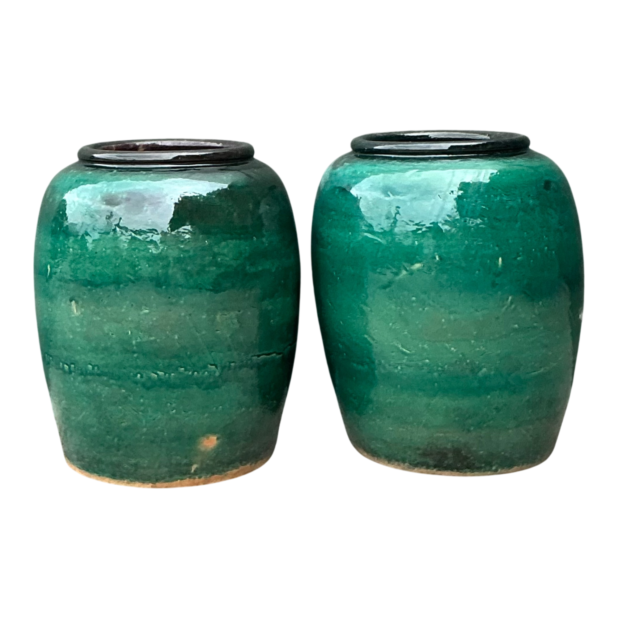 Vintage Green Glazed Earthenware Vessels - A Pair