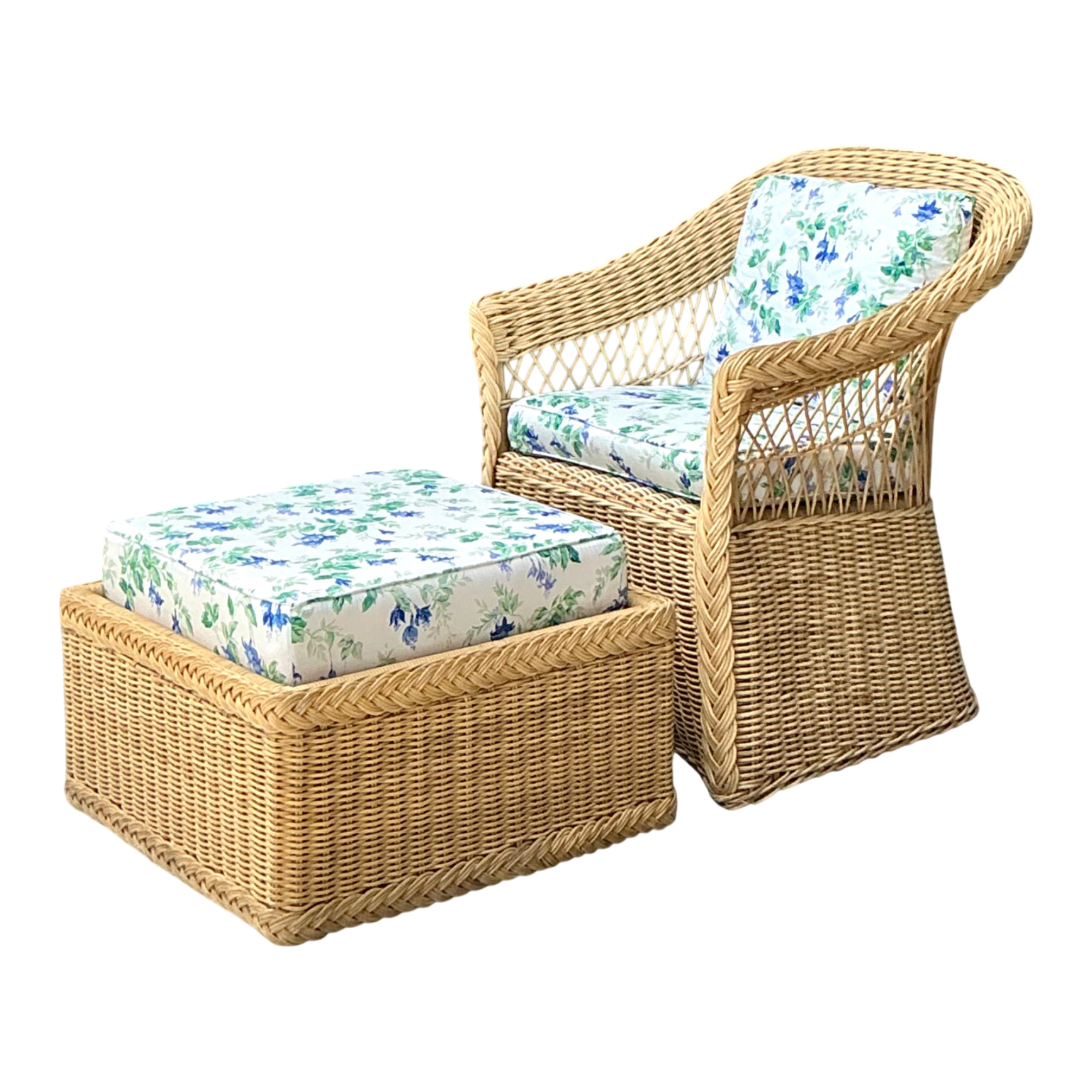 Vintage Woven Rattan Chair And Ottoman In Schumacher “Garden Gate”
