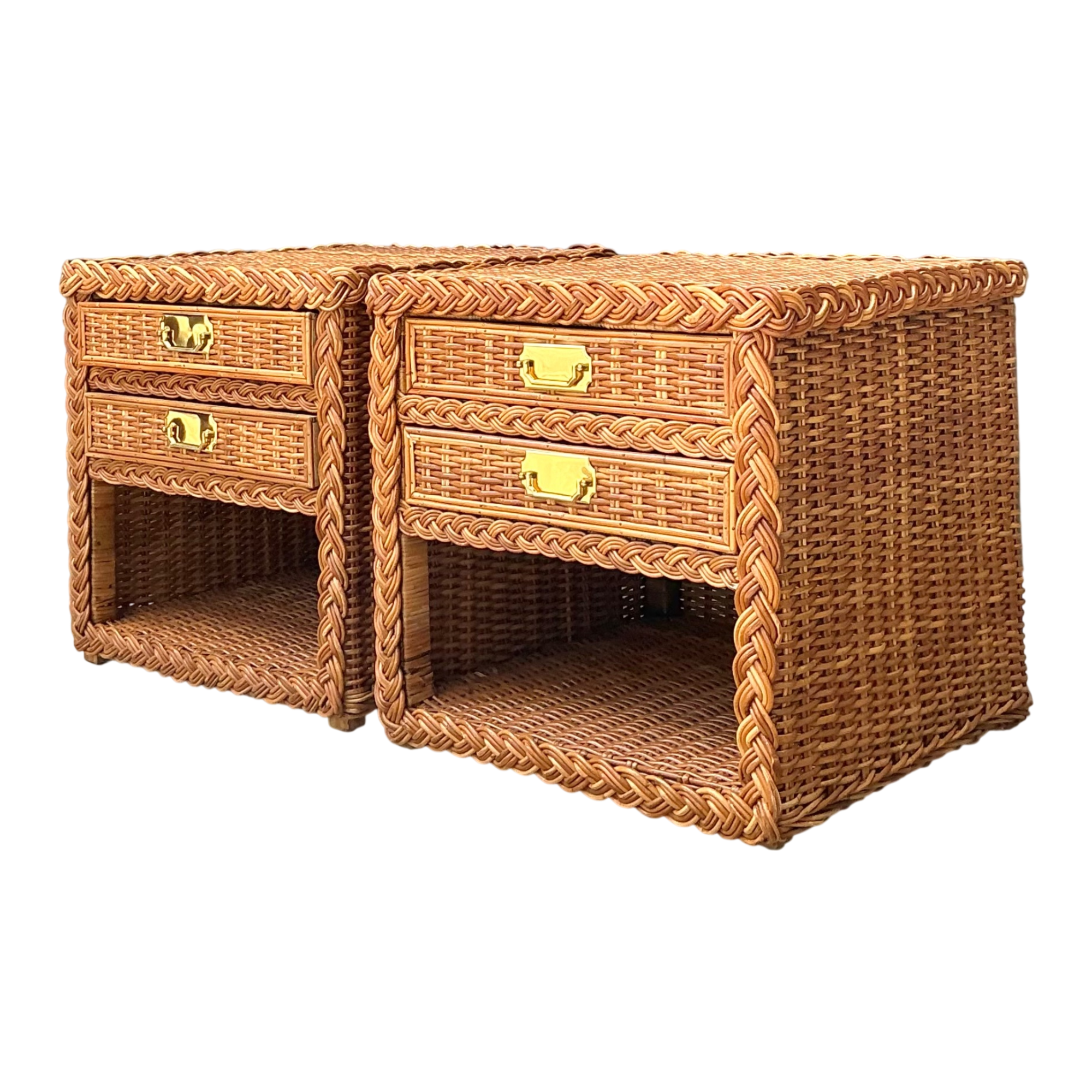 Vintage Braided Rattan Nightstands - A Pair