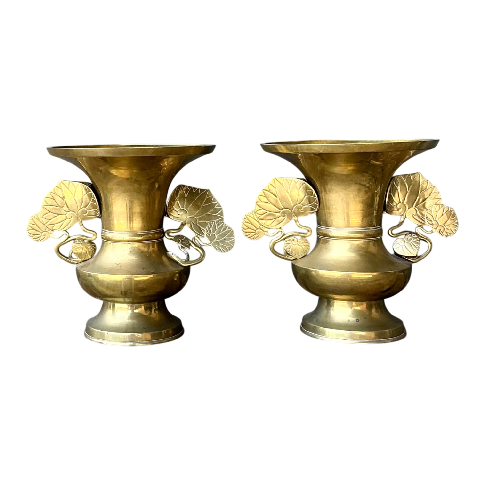 Vintage Brass Ginko Motif Vases - A Pair