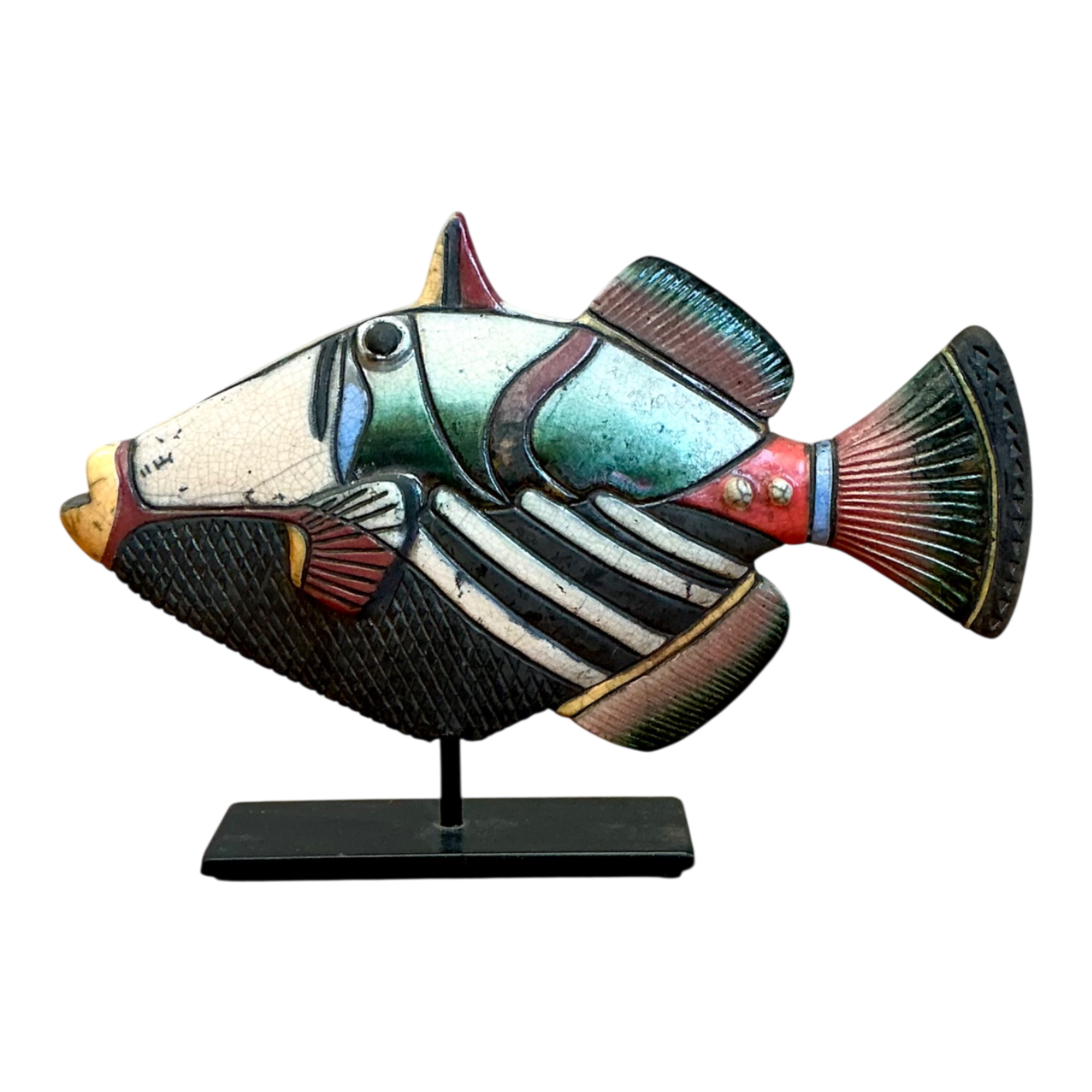 Vintage Hand Painted Ceramic Fish Sculpture on Stand