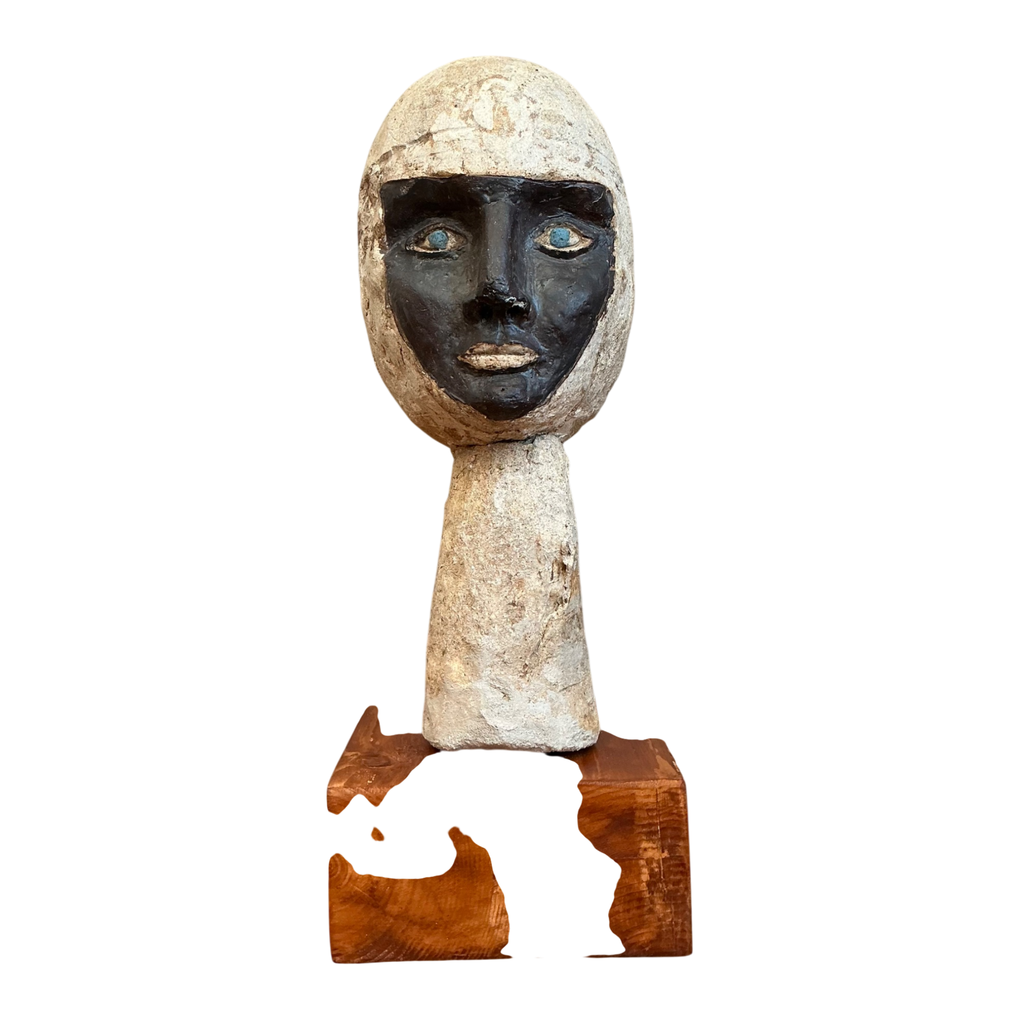 Vintage Plaster Head Sculpture on Wood Base