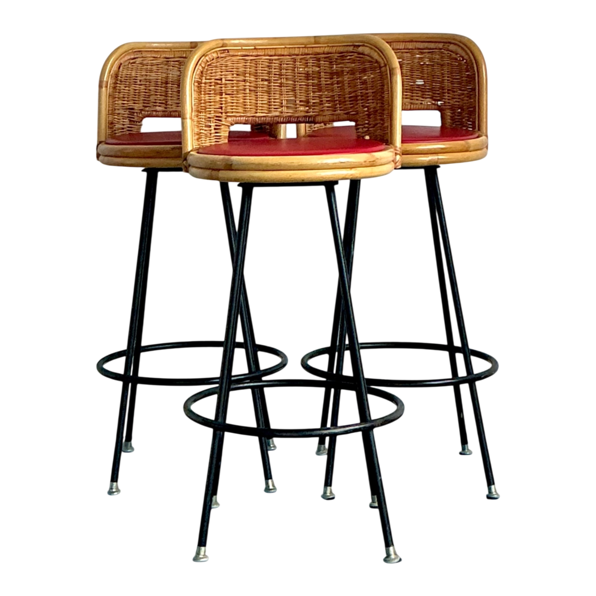 Vintage Rattan and Metal Bar Stools - Set of 3