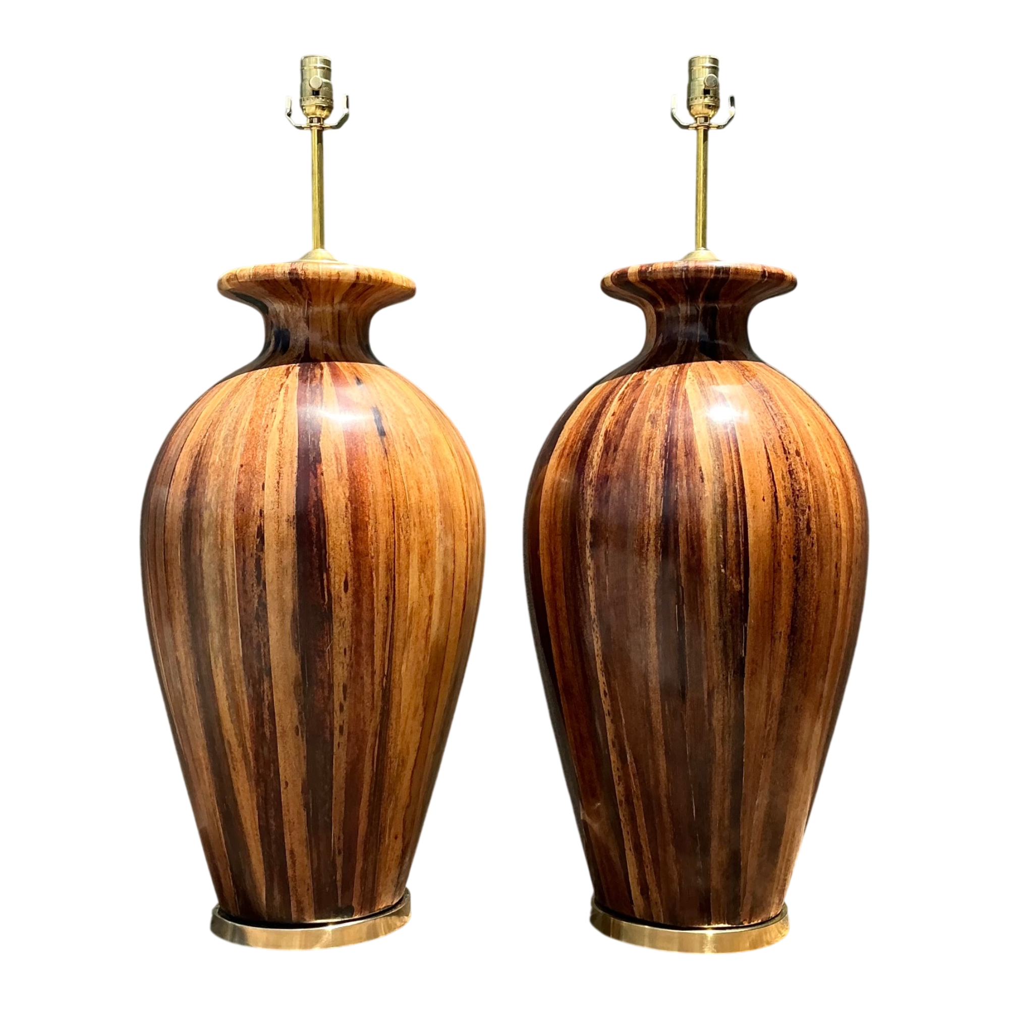 Vintage Striped Wood Table Lamps with Brass Base