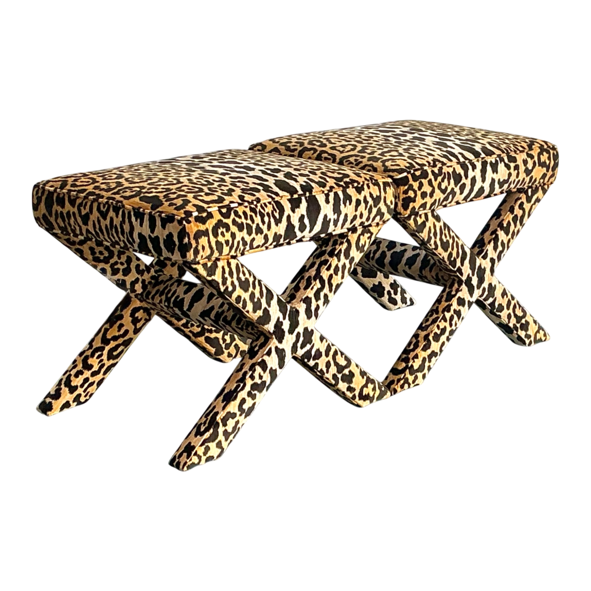 Vintage Leopard Velvet X-Base Stools - A Pair