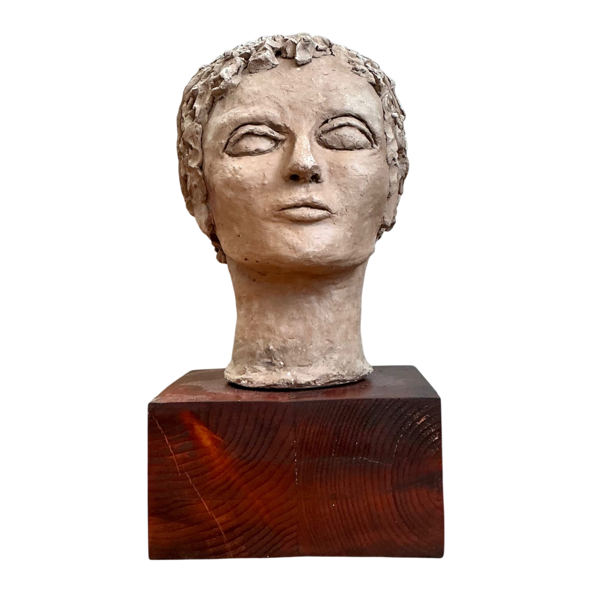 Vintage Plaster Head Sculpture on Wood Base