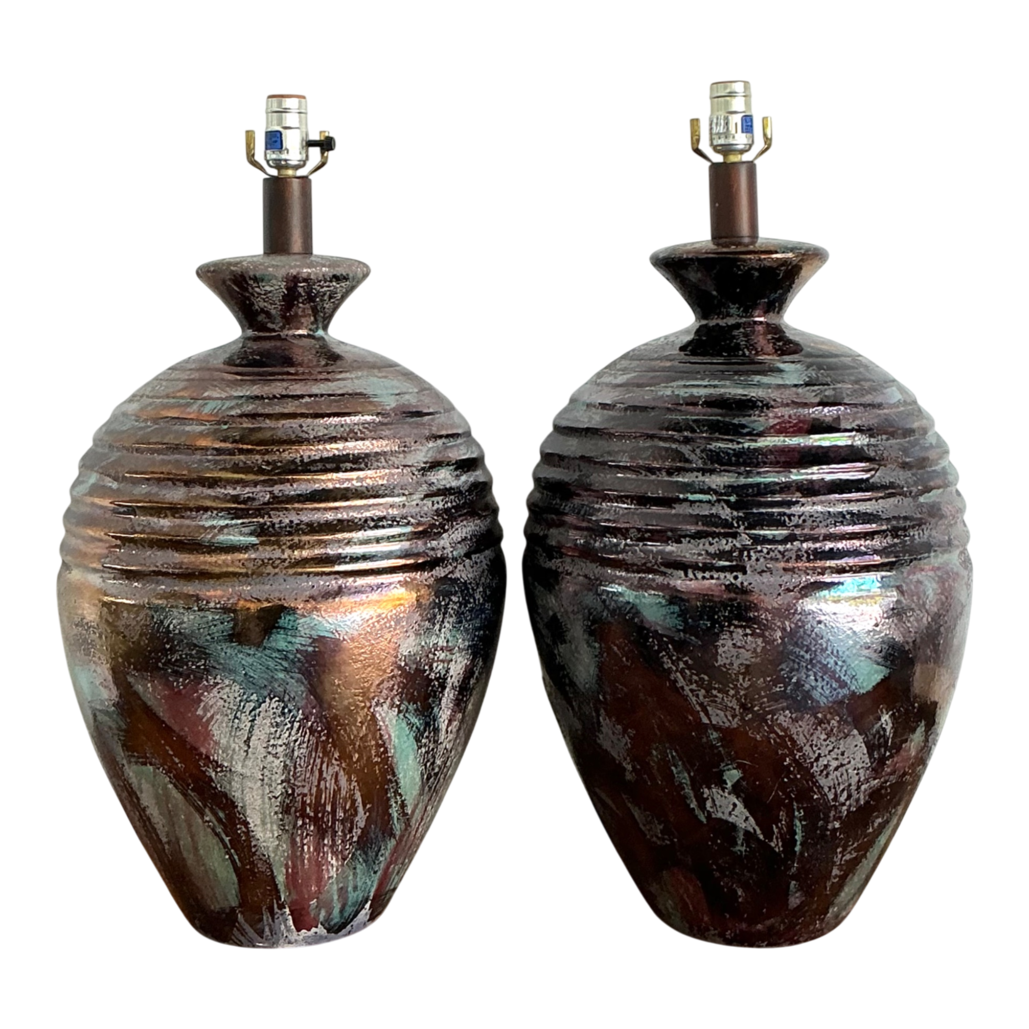 Vintage Glazed Metallic Ceramic Lamps - Set of 2