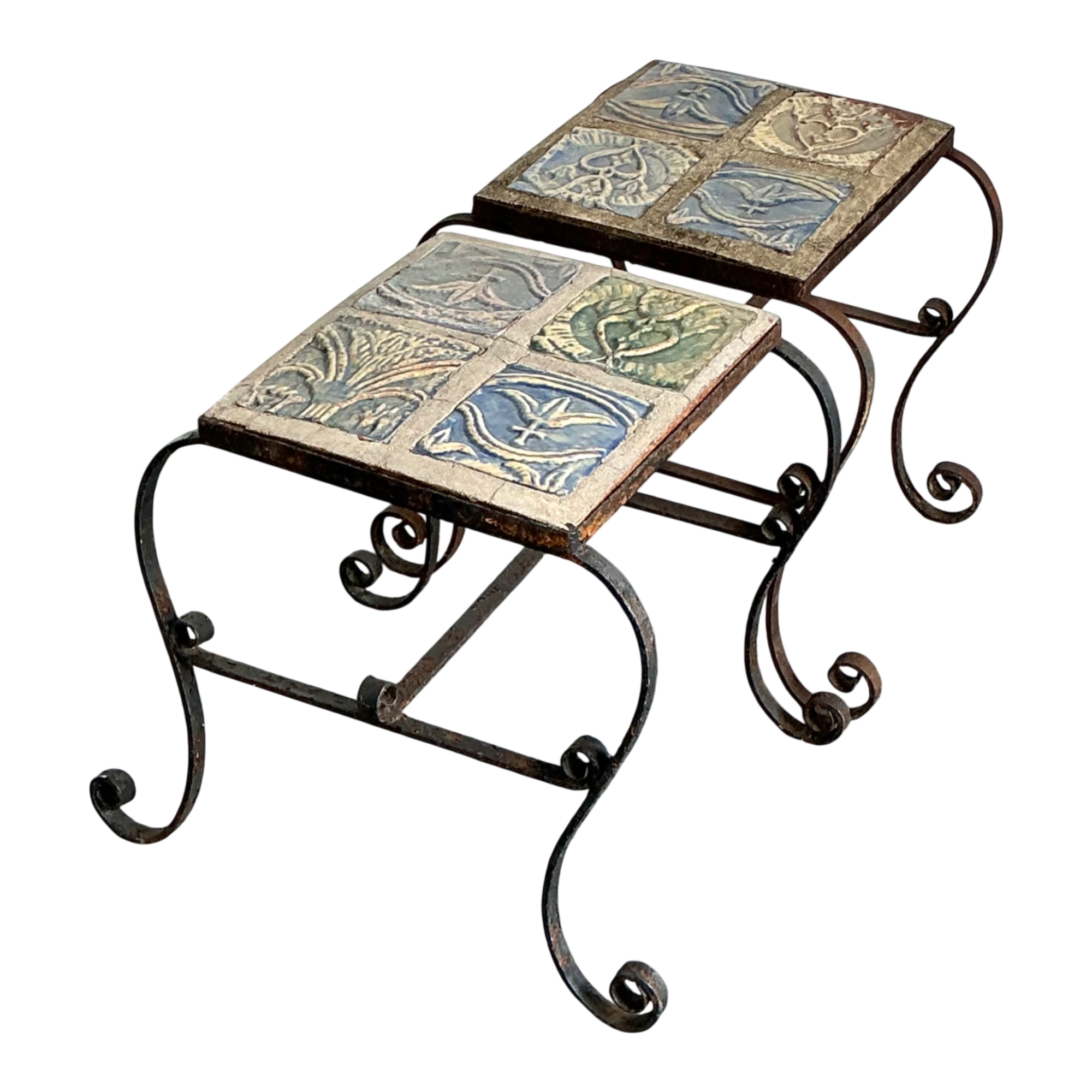 Vintage Italian Distressed Wrought Iron and Ceramic Tile Tables