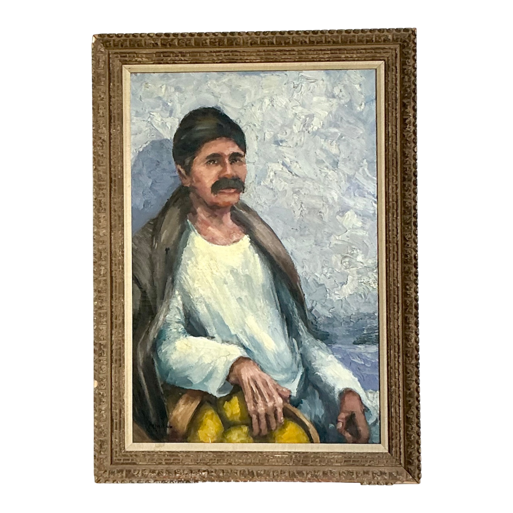 Vintage Expressionist Impasto Portrait in Wood Frame