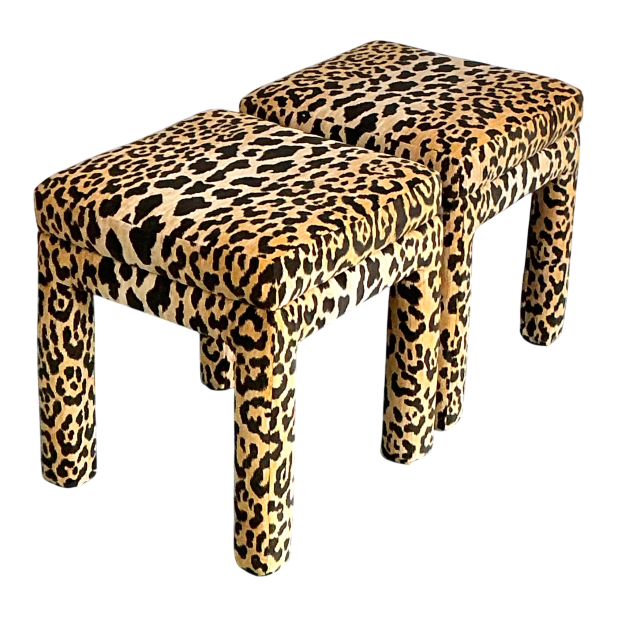 Vintage Leopard Velvet Upholstered Stools - Set of 2