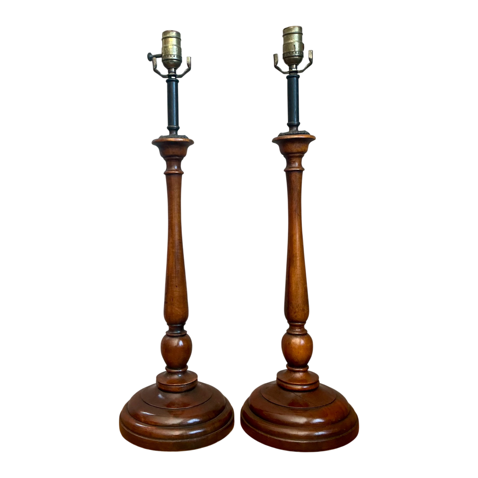 Vintage Theodore Alexander Turned Wood Candlestick Table Lamps - A Pair