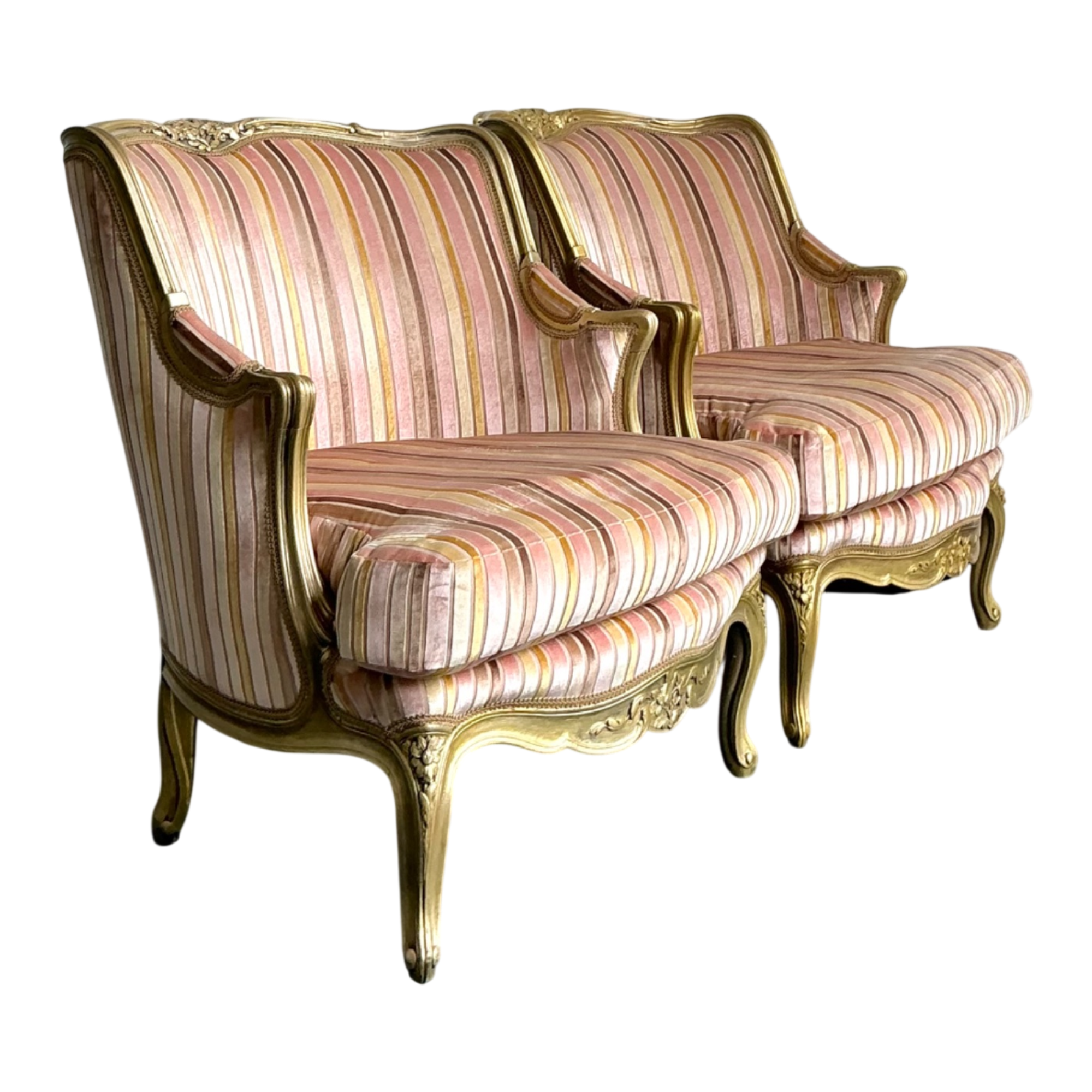 Vintage French Giltwood Striped Devore Bergère Chairs - A Pair
