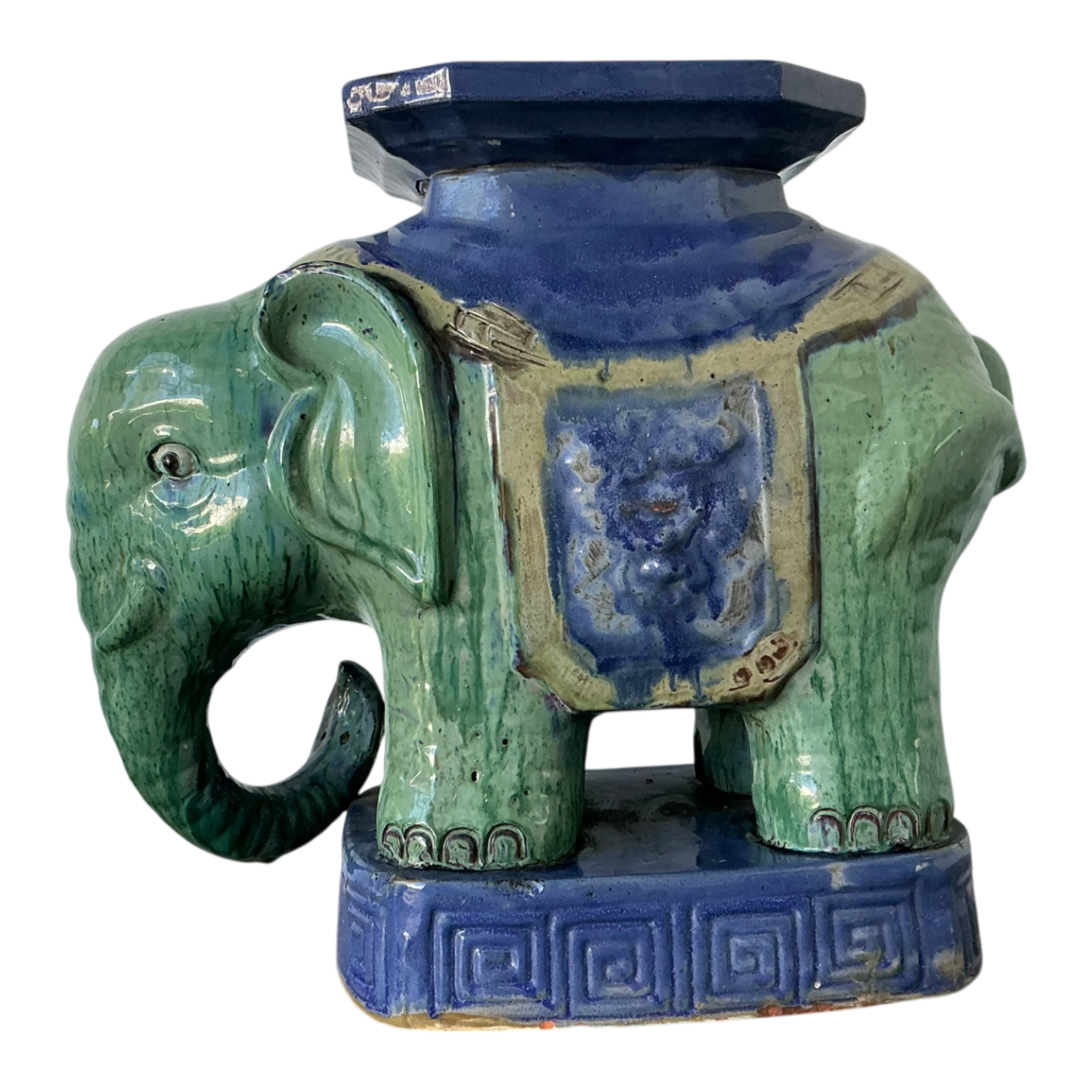 Vintage Glazed Ceramic Elephant Low Stool