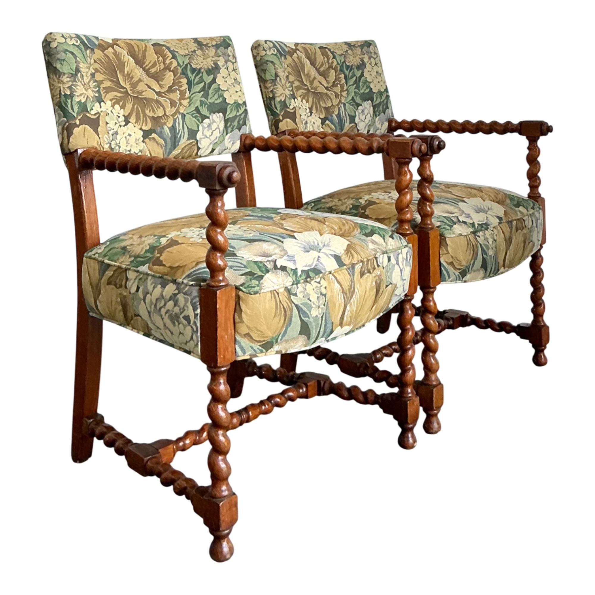 Vintage Twisted Wood Dorothy Draper Upholstered Barley Twist Armchairs