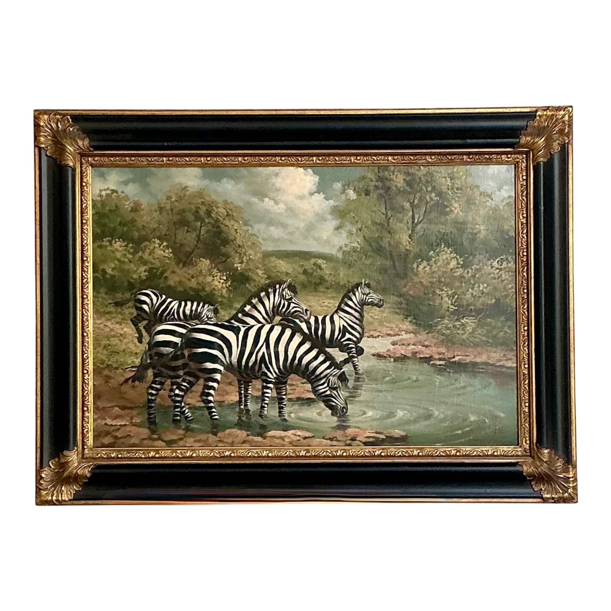 Vintage Zebra Landscape Oil Painting