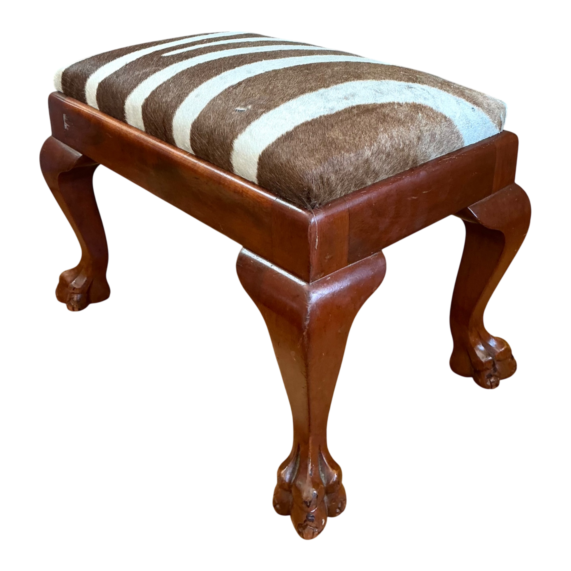 Vintage Zebra Upholstered Claw Foot Stool