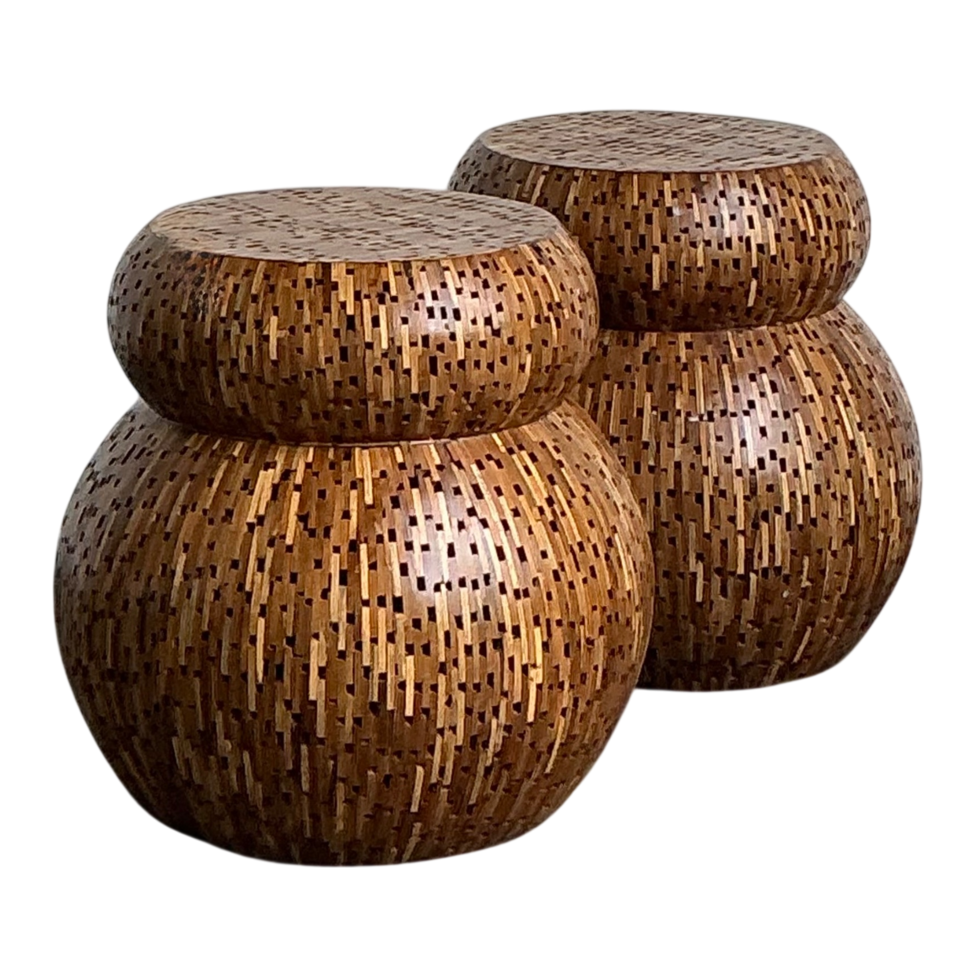 Vintage Wood Mosaic Low Stools - A Pair