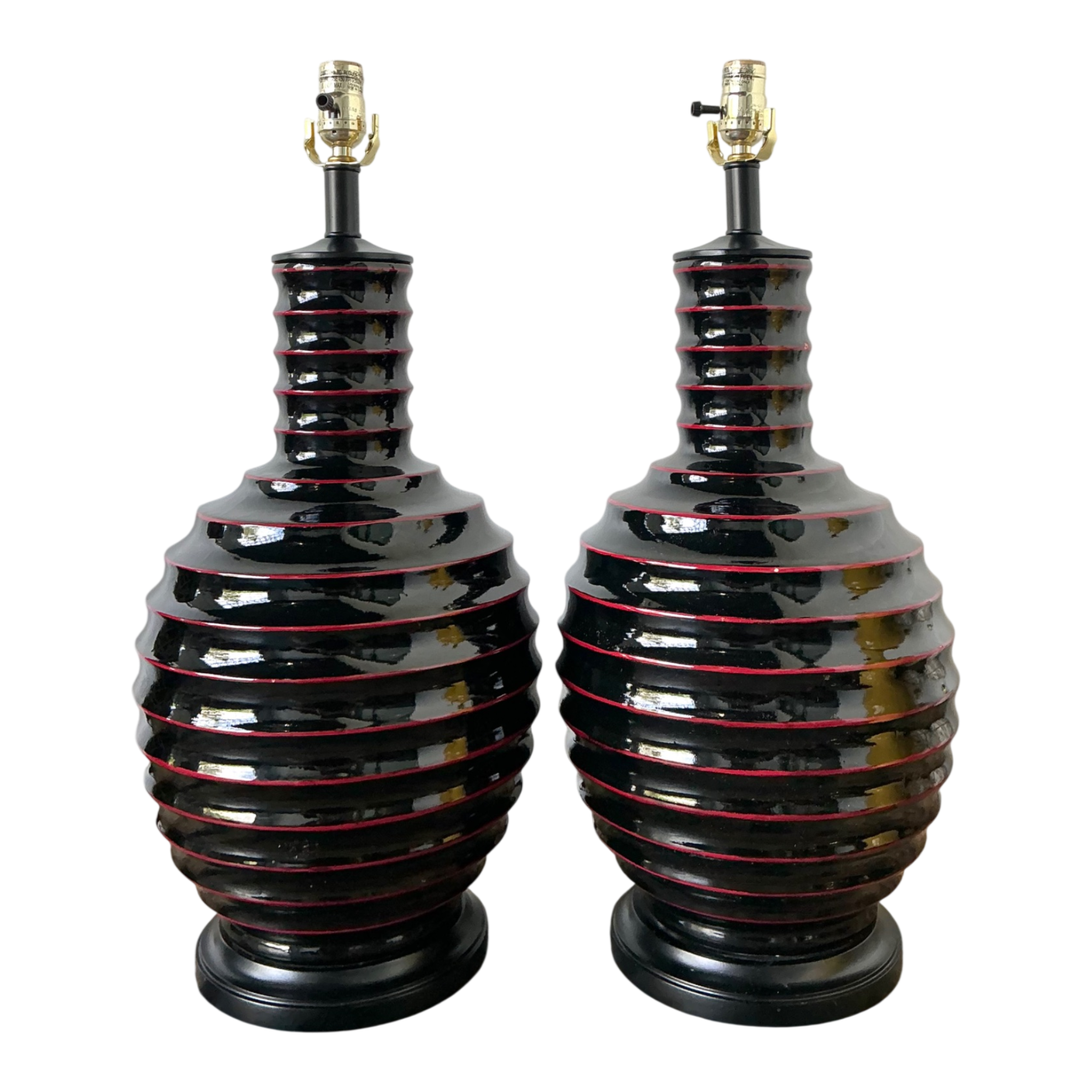 Vintage Glazed Ceramic Ribbed Table Lamps - A Pair