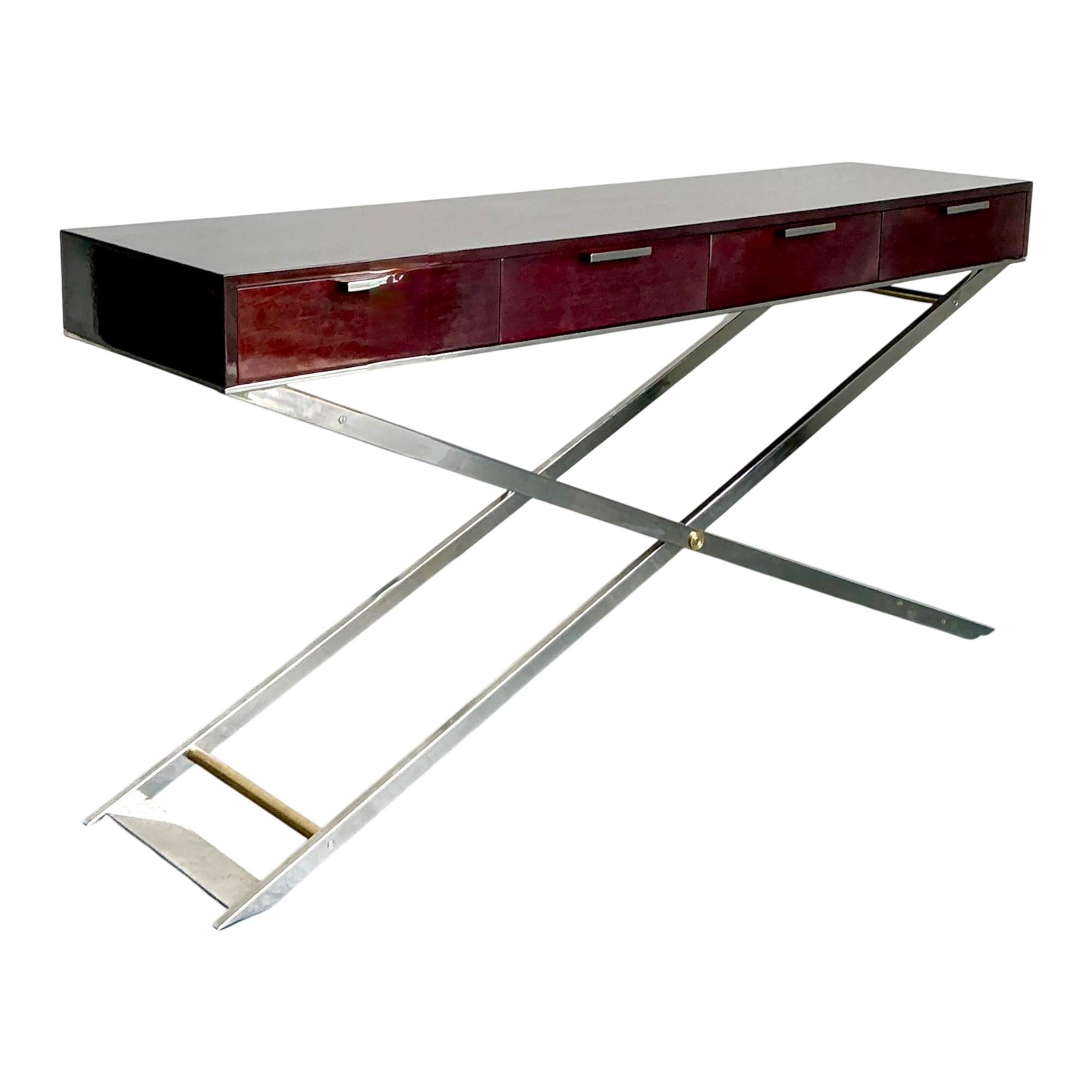 Vintage Chrome and Wood Console Table with Brass Accents