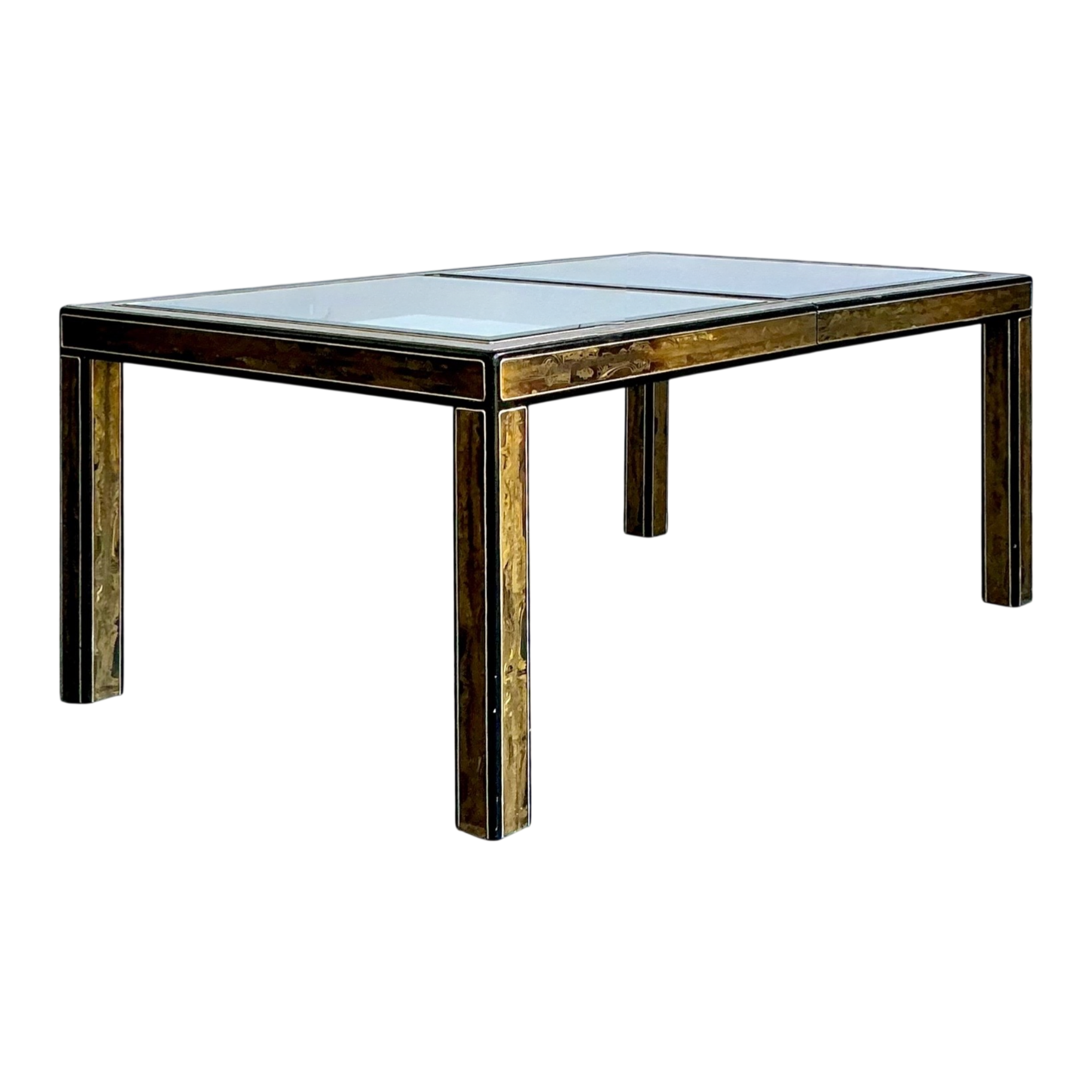 Vintage Acid Etched Brass and Glass Dining Table After Bernard Rohne