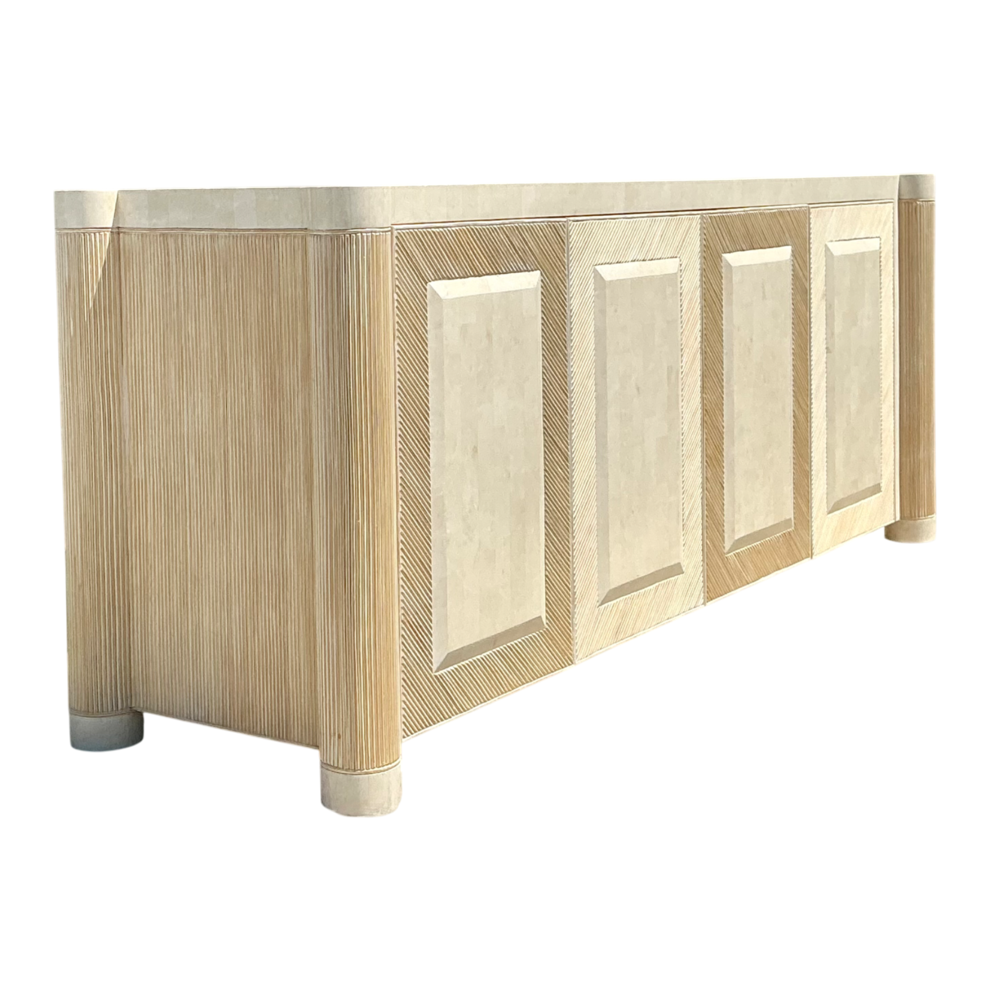 Vintage Washed Pencil Reed Credenza With Travertine Top