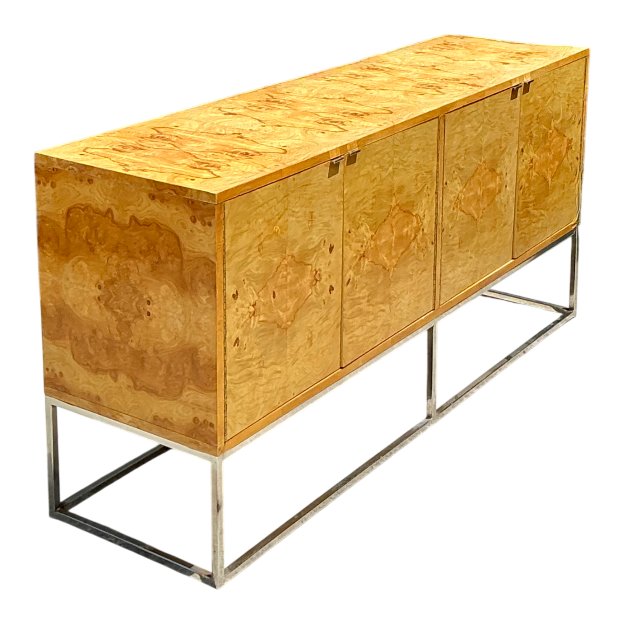 Vintage Bernhardt “Flair” Burl Wood Credenza on Chrome Base