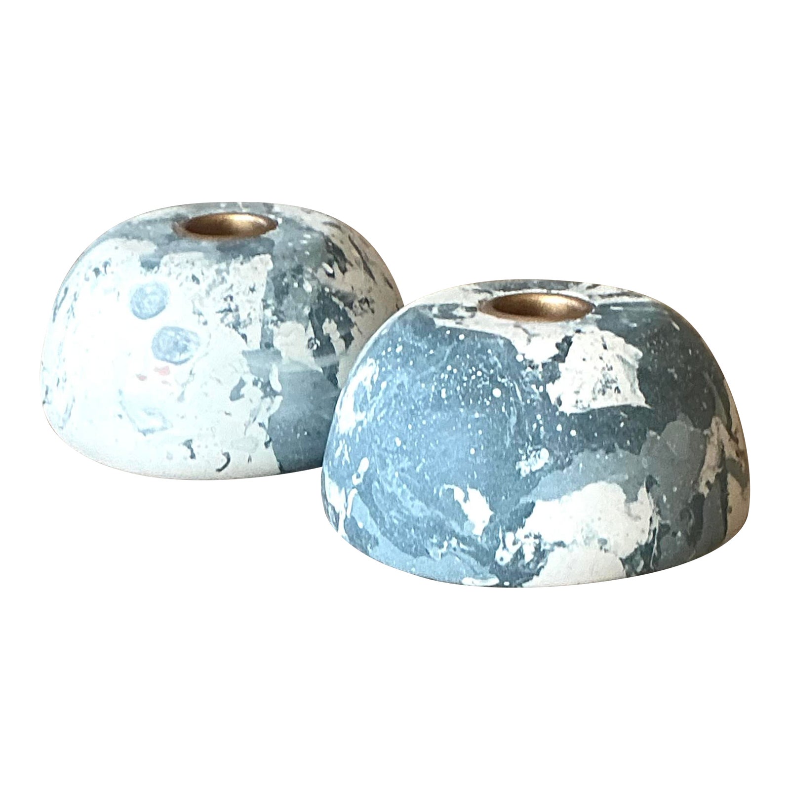 Boho Artisan Pigmented Plaster Scagliola Low Dome Candlestick Holders - Set of 2