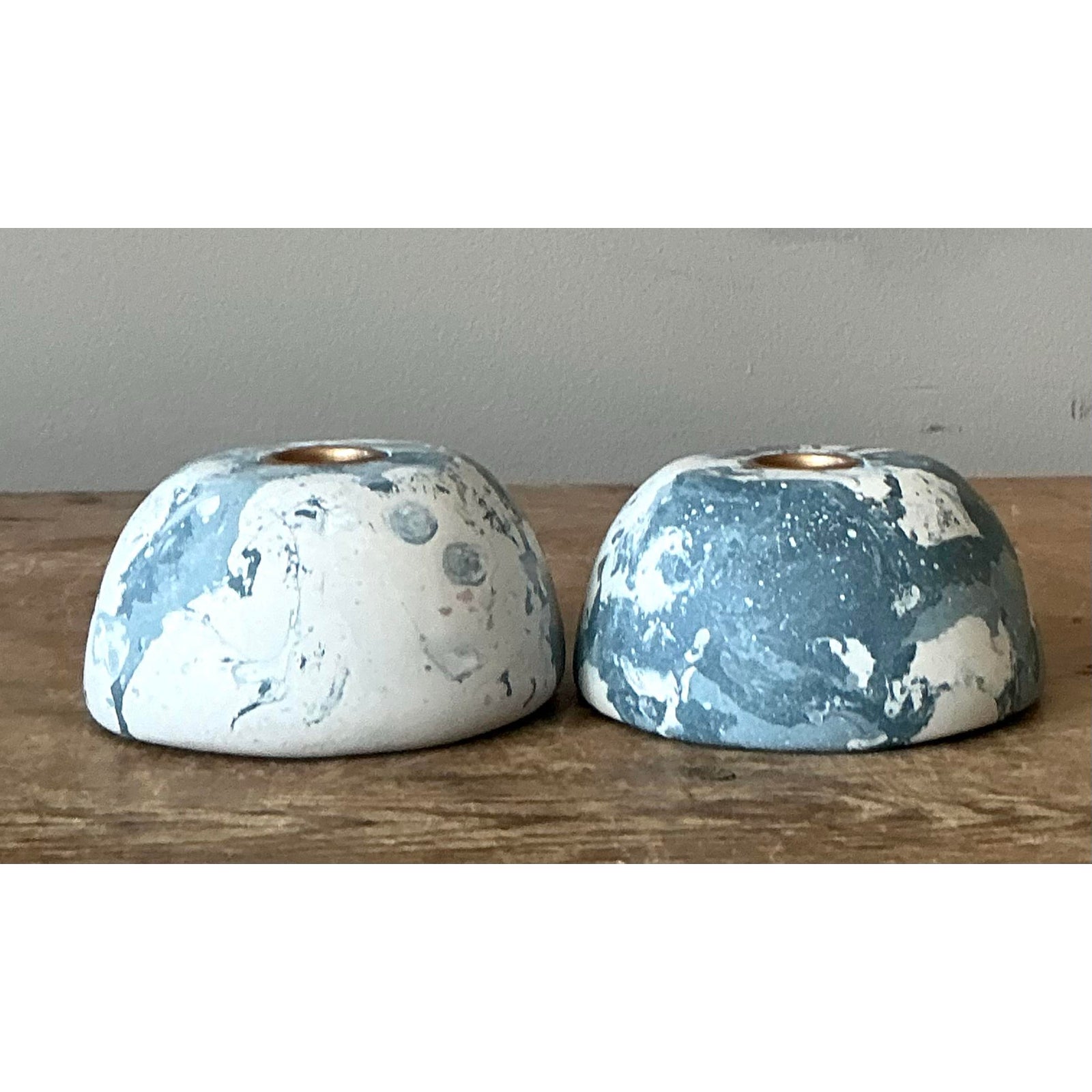 Boho Artisan Pigmented Plaster Scagliola Low Dome Candlestick Holders - Set of 2 - Detail view
