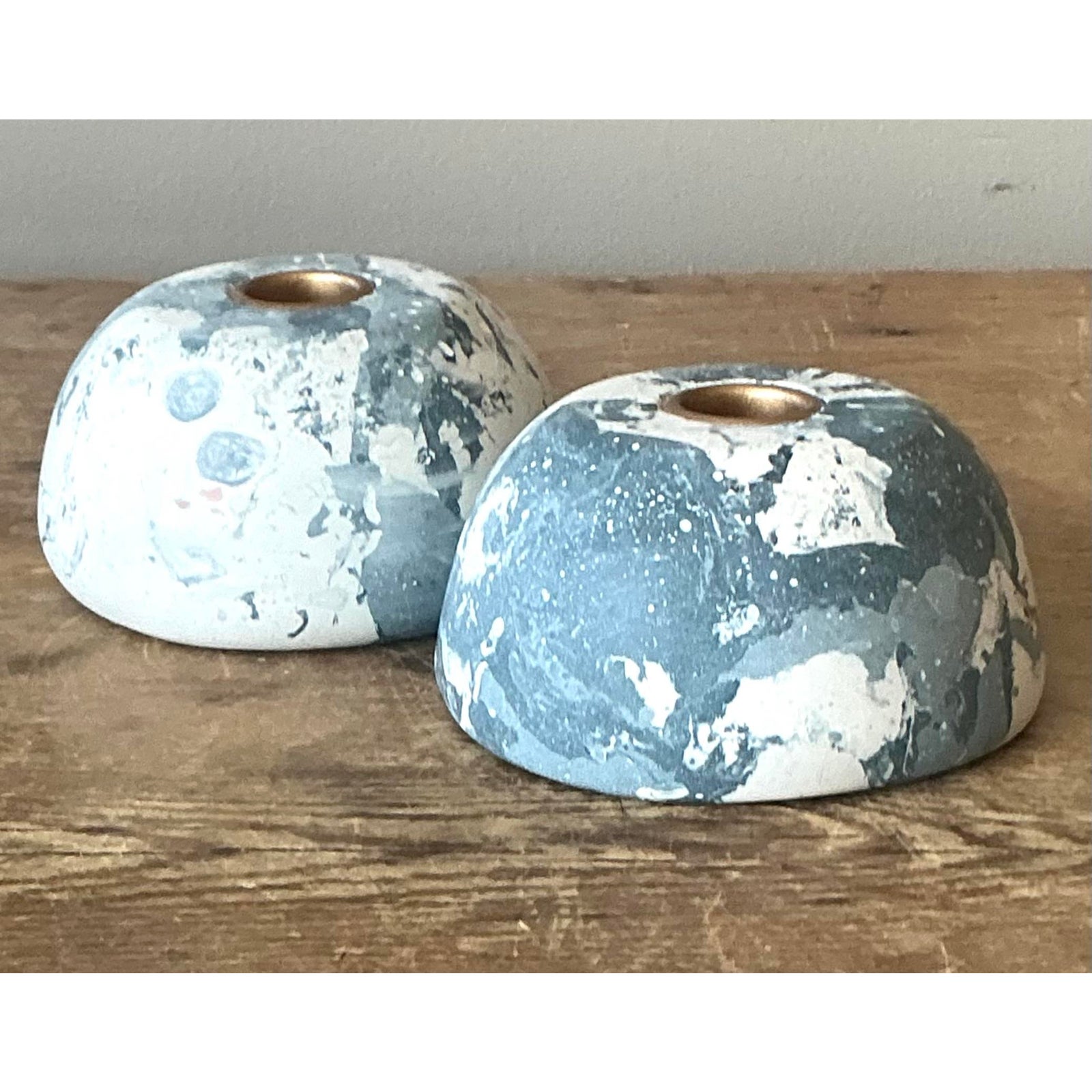 Boho Artisan Pigmented Plaster Scagliola Low Dome Candlestick Holders - Set of 2 - Side view