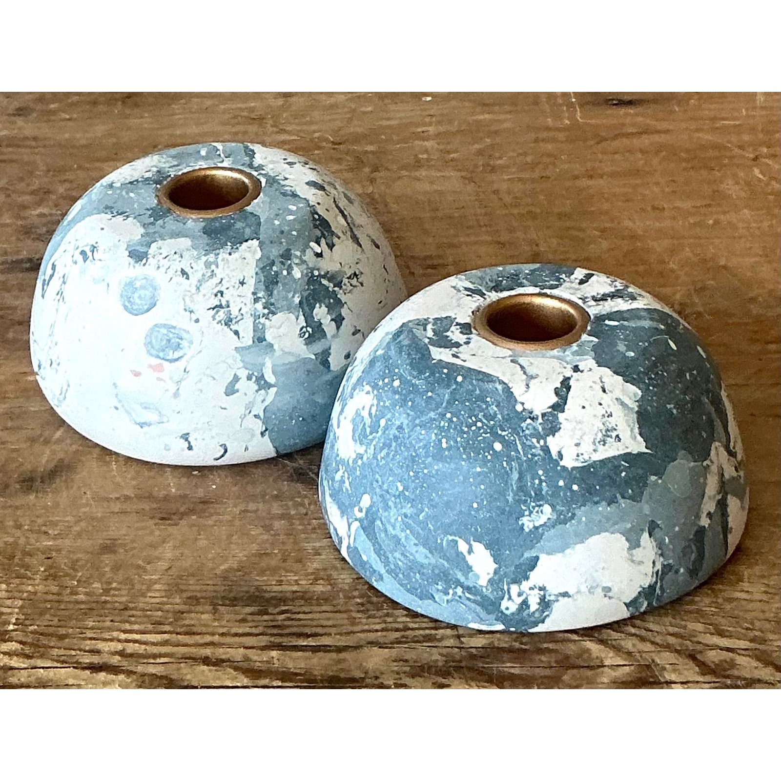 Boho Artisan Pigmented Plaster Scagliola Low Dome Candlestick Holders - Set of 2 - Top view