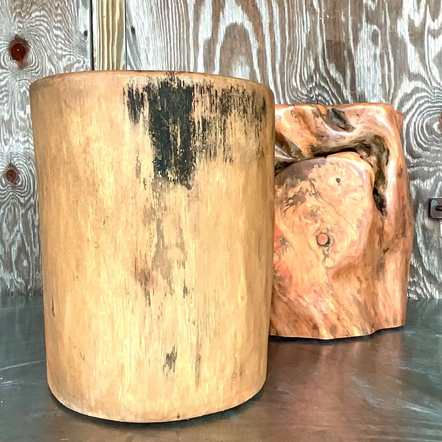 Boho Colored Tree Trunk Drinks Tables - Set of 2 - Back view
