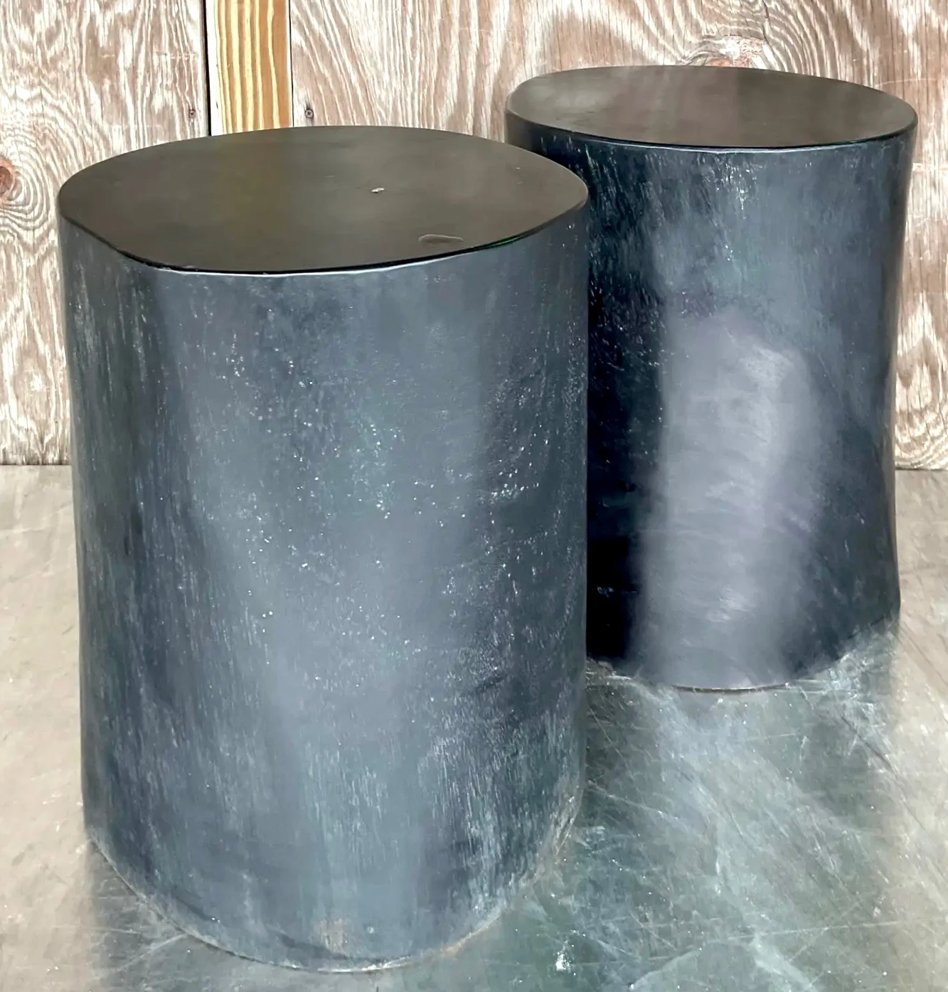 Boho Ebony Wood Tree Trunk Low Stools - Set of 2 - Side view