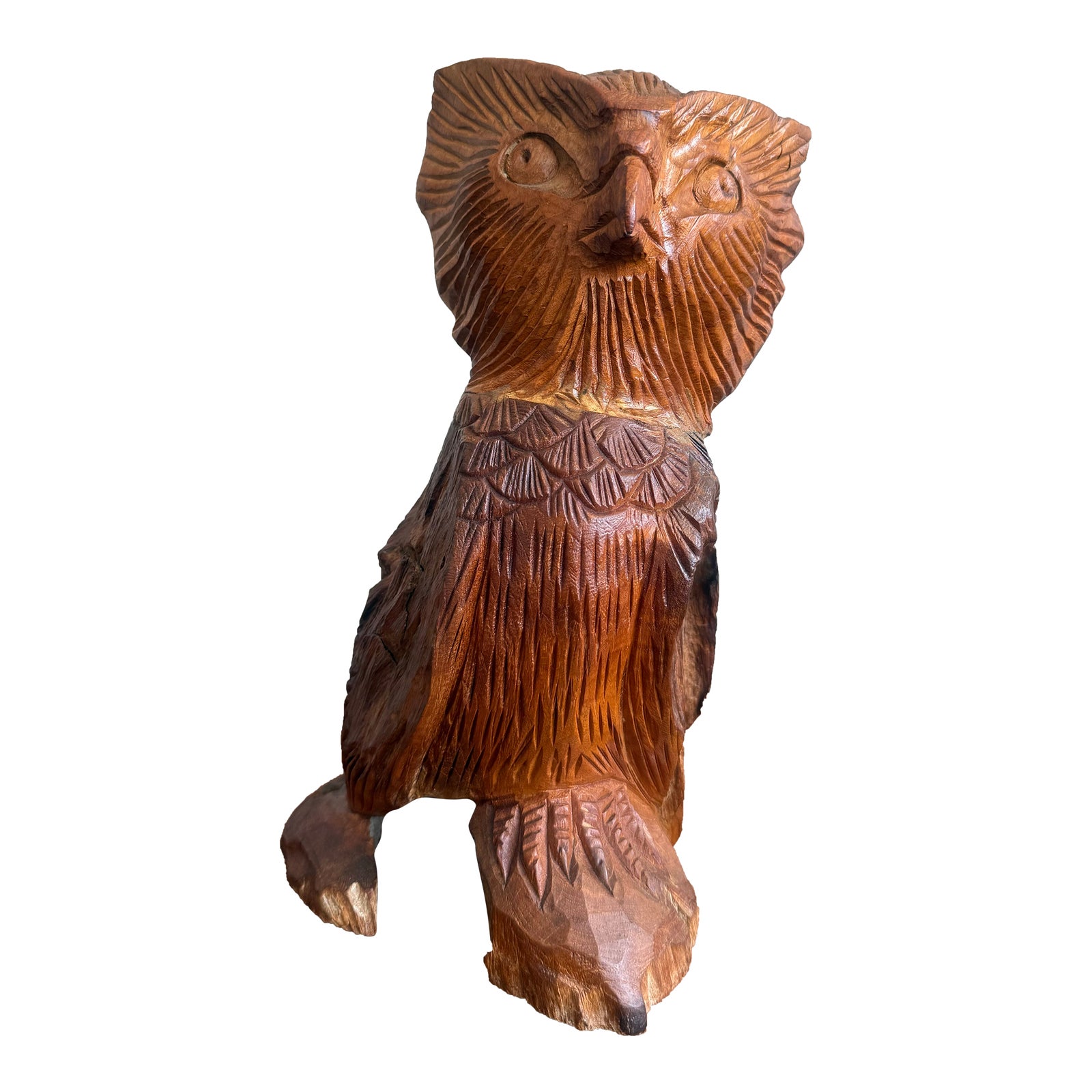 Boho Hand-Carved Wooden Owl Sculpture - Detail view
